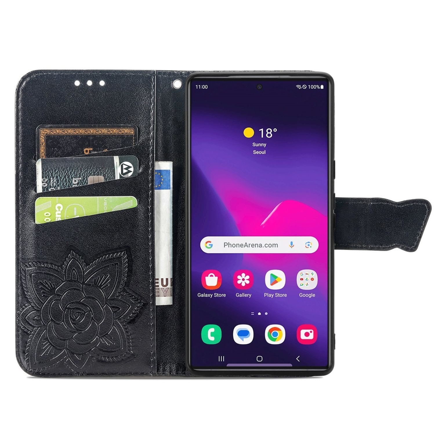 Wigento Smartphone-Hülle Für Samsung Galaxy S25 Ultra 5G Kunstleder Schmetterling Hülle Schwarz, Kunst-Leder Schutzhülle Smart Case Cover magnetischer Verschluss
