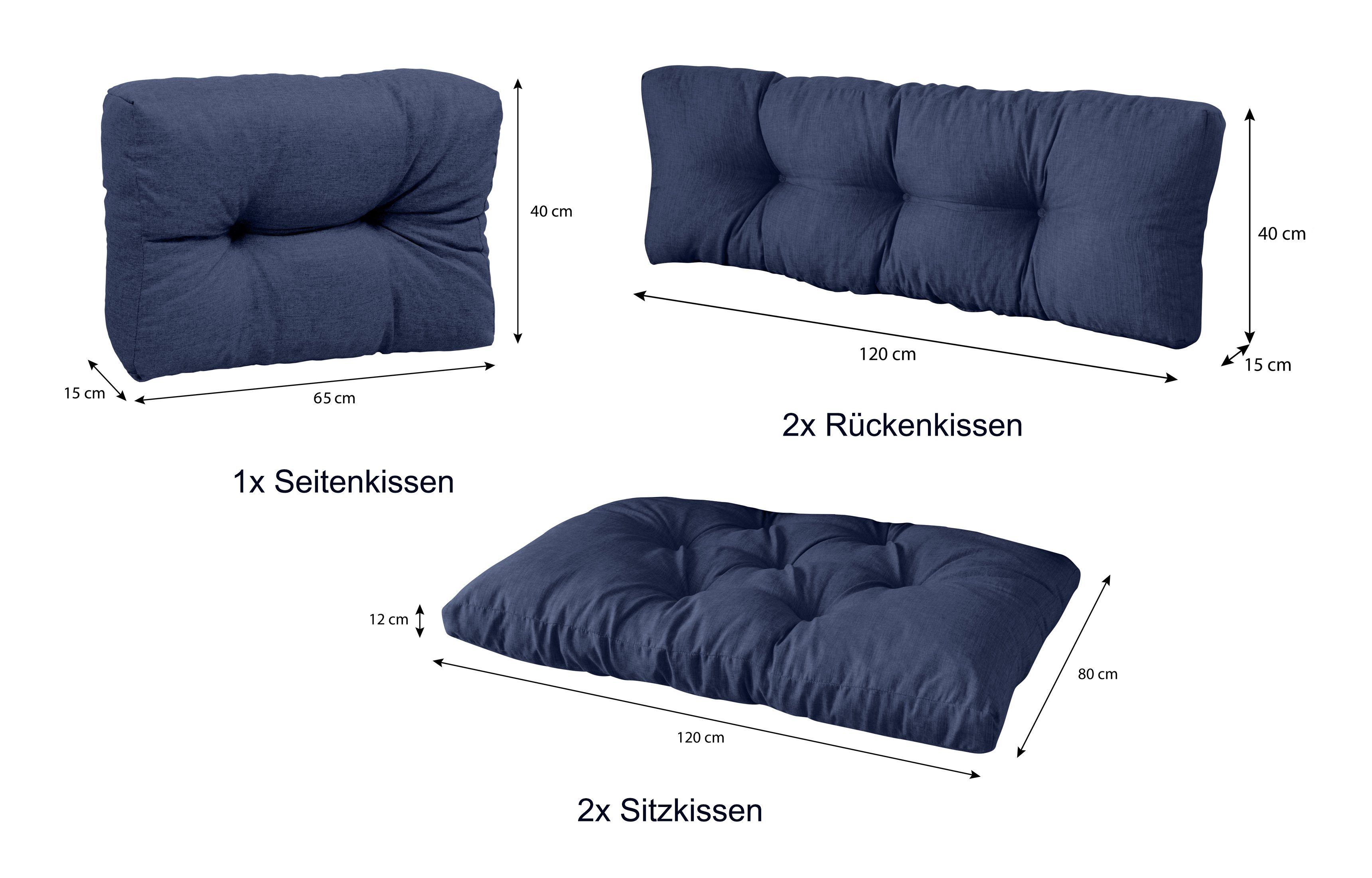 80 x + palettencouch Rückenkissen 5er 120 polsterauflage Blau 1x Set: sunnypillow Palettenkissen Seitenkissen, 2x palettenmöbel Sitzkissen 2x +