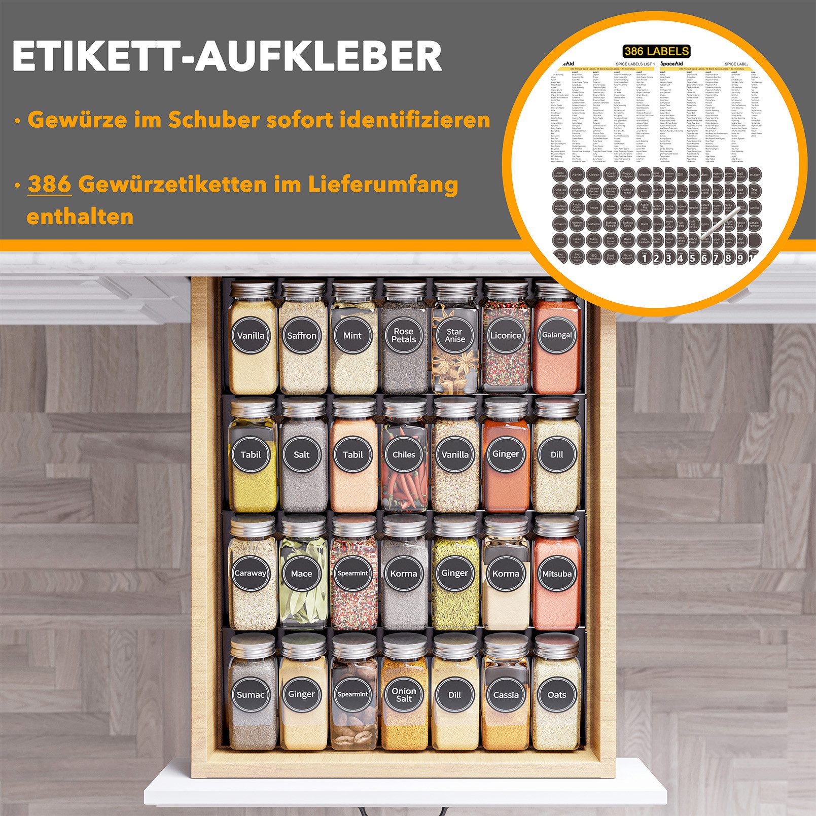 SpaceAid Gewürzregal 4 Etagen Gewürzregal Schubladen, 386 Gewürzetiketten, Kreidemarker und Trichter, 33 cm (B) x 44,5 cm (T)​