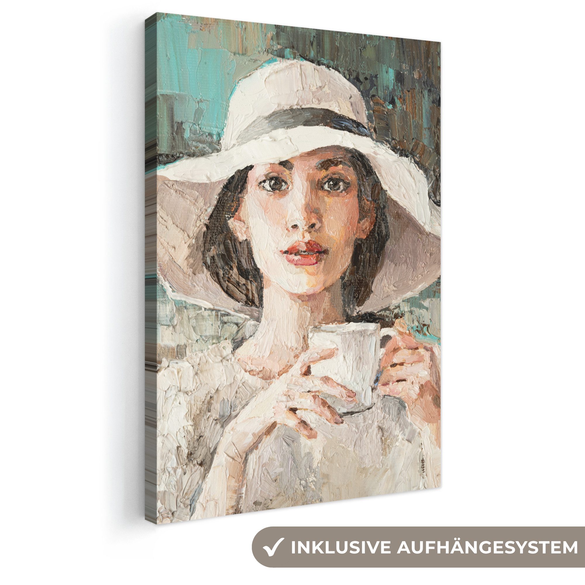 OneMillionCanvasses® Leinwandbild Kunstdrucke - Frau - Ölzeug - Hut - Kaffee, Fotodruck (1 St), Leinwand Canvas Wandbild, Wanddekoration 20x30 cm