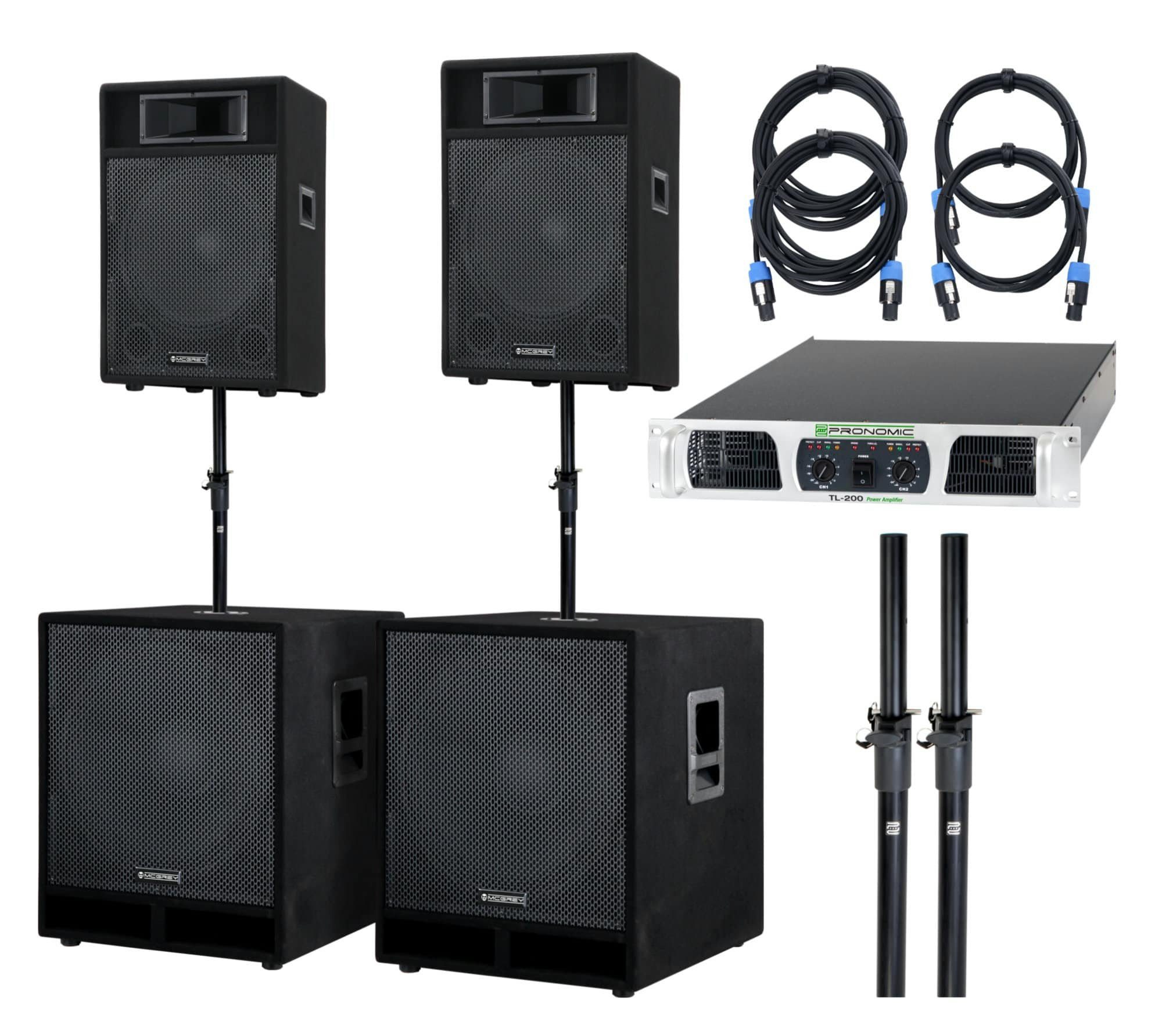 McGrey Powerstage-4200 PA Komplett-Anlage 2x 12'' Boxen und 2x 18'' Subwoofer Party-Lautsprecher (N/A, 1050 W, Party Lautsprecher Set inkl. Endstufe) | Lautsprecher