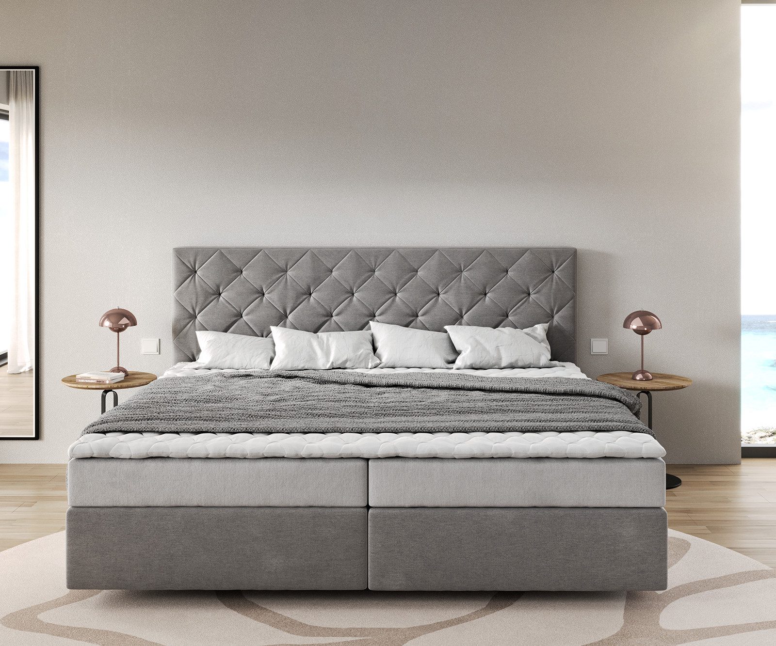 DELIFE Boxspringbett Dream-Great, Mikrofaser Grau 200x200 cm Bonell-Matratz günstig online kaufen