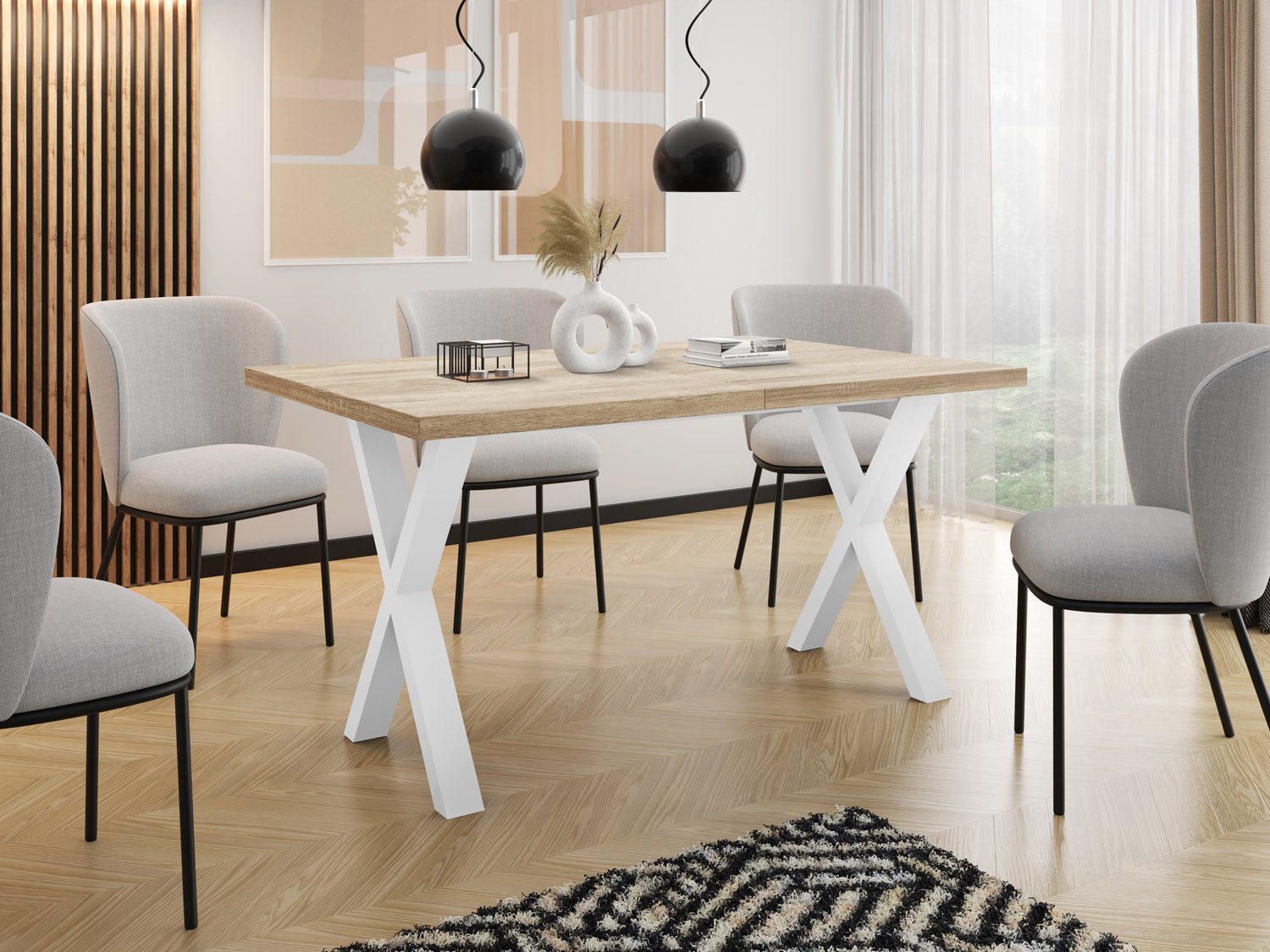 WFL GROUP Esstisch Luiza ausziehbar rechteckig loft mit weißen Metallbeinen (MADE IN EU, erhältlich in 3 Größen – 120/140/160 cm ausziehbar auf 220/240/260 cm), platzsparender Tisch in Holzoptik für Küche, Esszimmer oder Wohnzimmer