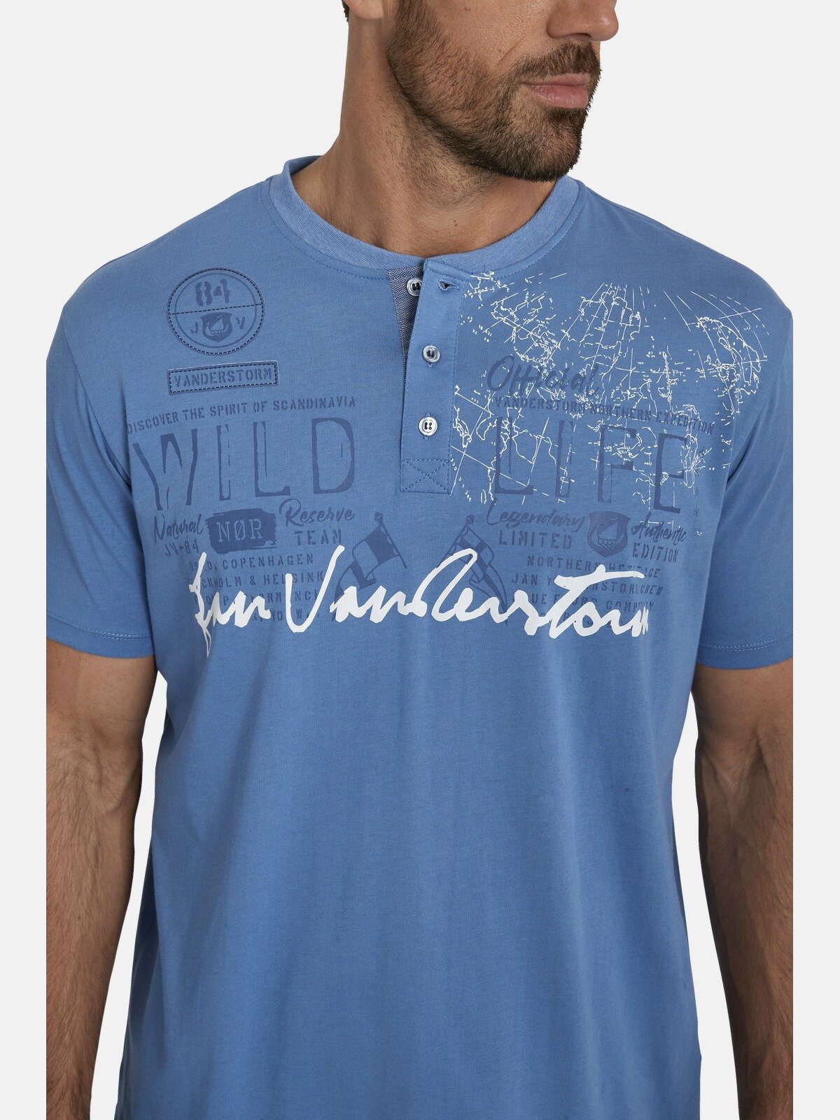 Baumwollshirt REIDAR blau mit Vanderstorm T-Shirt Jan Knopfleiste