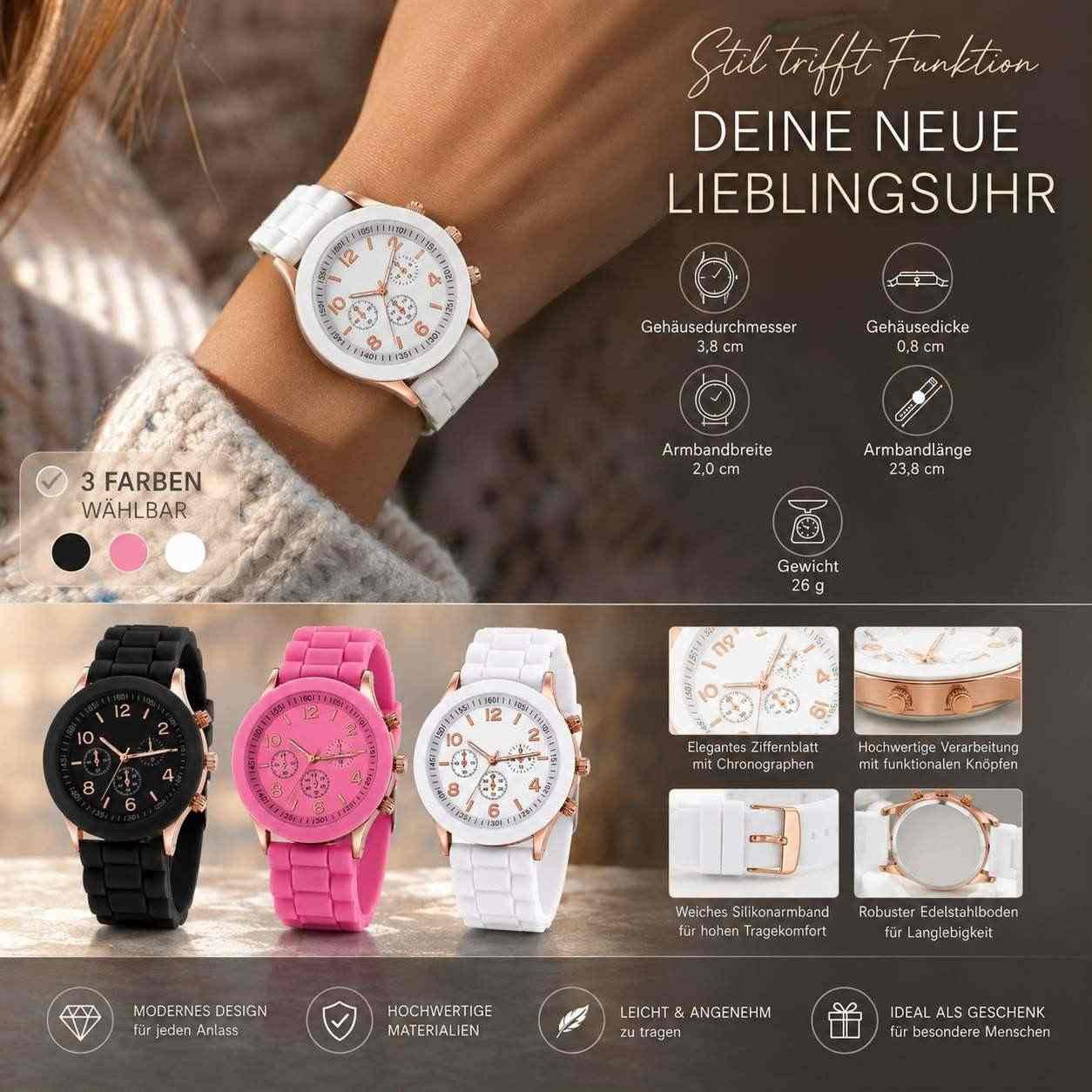 Taffstyle Quarzuhr Damen Uhr Silikon Armbanduhr Chrono Look Roségold leicht elegant, (Modische Damenarmbanduhr mit weichem Silikonarmband, roségoldfarbenen Deta – Bild 5 von 5