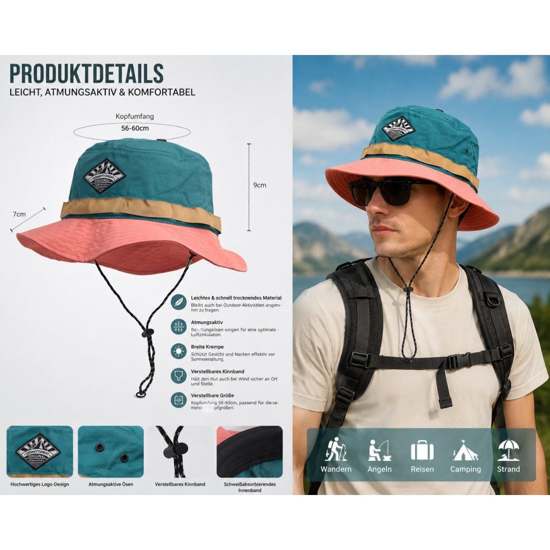 nsihing Sonnenhut Herren Damen Safari Fischerhut Wasserdicht Boonie Bucket Hut Faltbar Sommerhut mit Verstellbare Kinnriemen für Wandern Outdoor