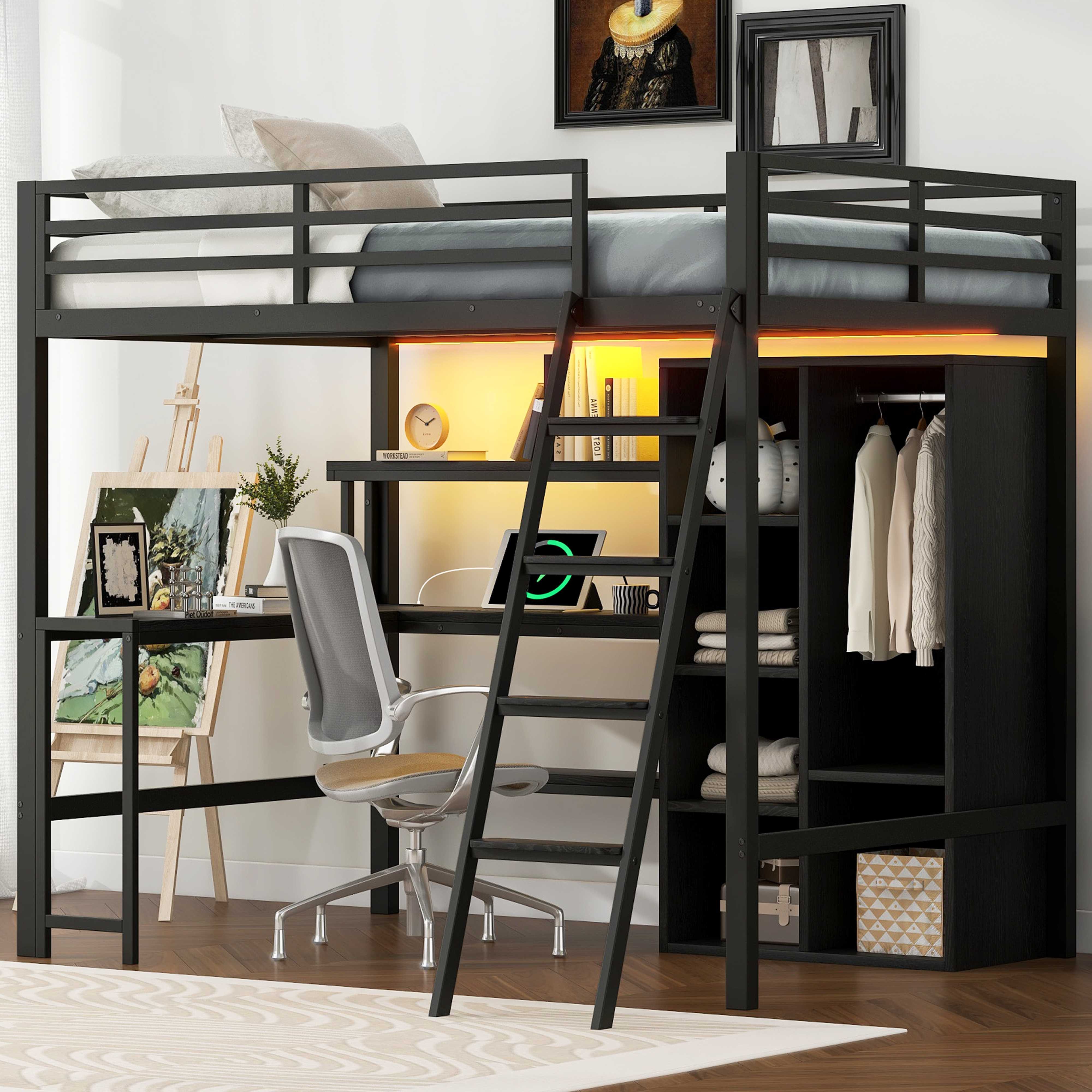 BlingBin Hochbett Funktionsbett Einzelbett Jugendbett (1-St., mit Treppe, Staufächern, USB-Ladestation und LED-Licht) 140x200cm,integriertem Schreibtisch,Schwarz