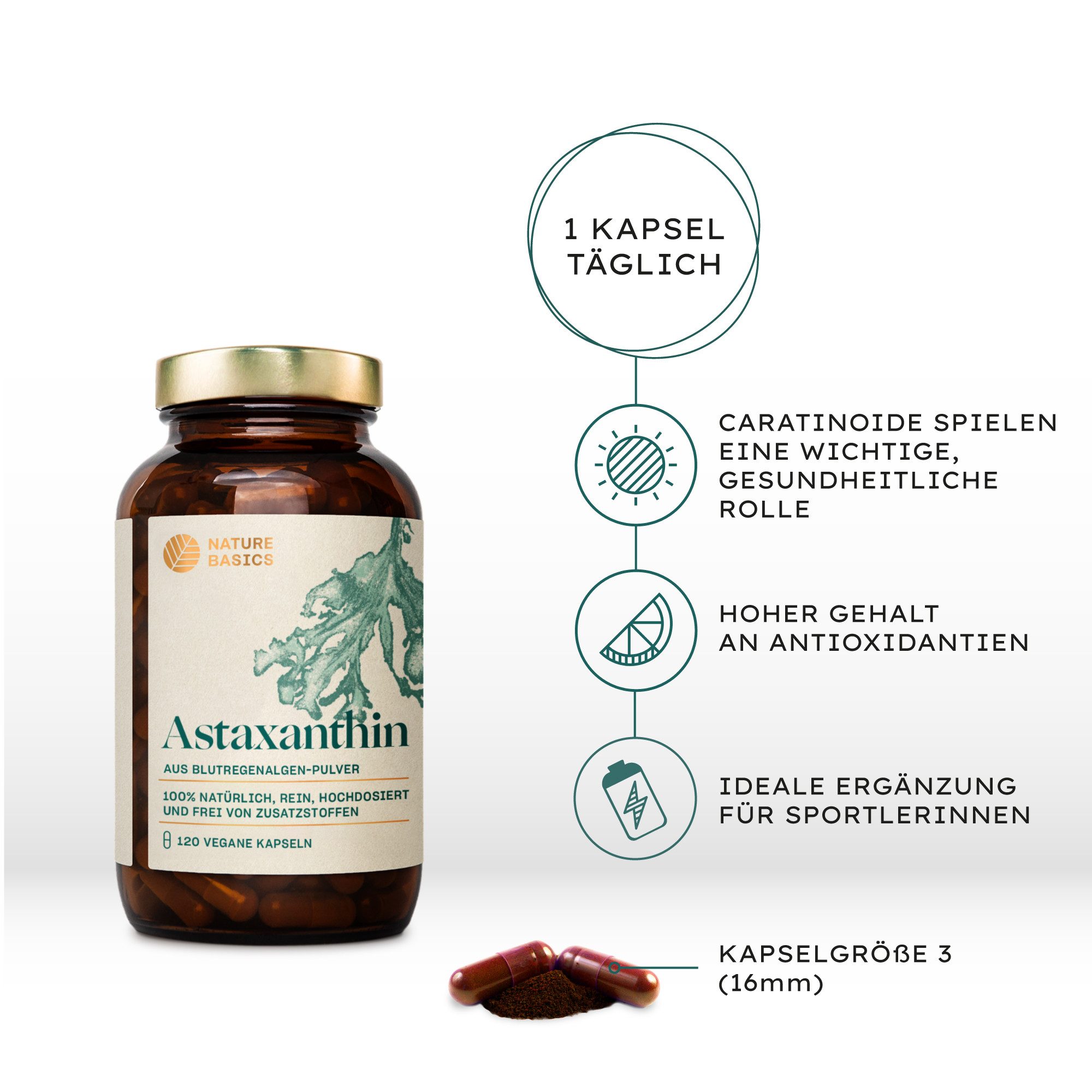 Nature Basics Hochwertiges Astaxanthin aus Blutregenalgen-Pulver 120 Kapseln, 120 St., 24.3 g