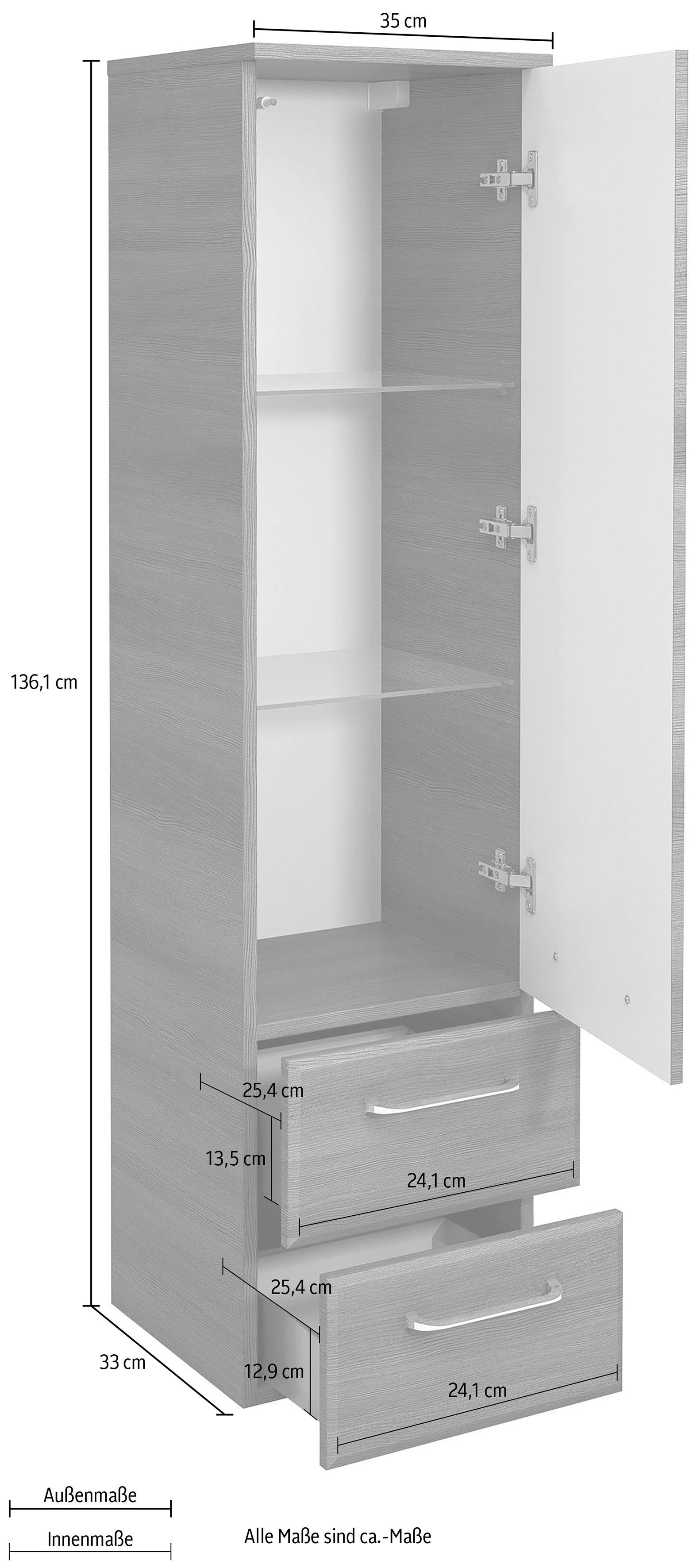 Höhe quer PELIPAL 35 | Midischrank Struktur cm, Glaseinlegeböden, Graphit Quickset cm, Breite Graphit/Graphit 136 Türdämpfer