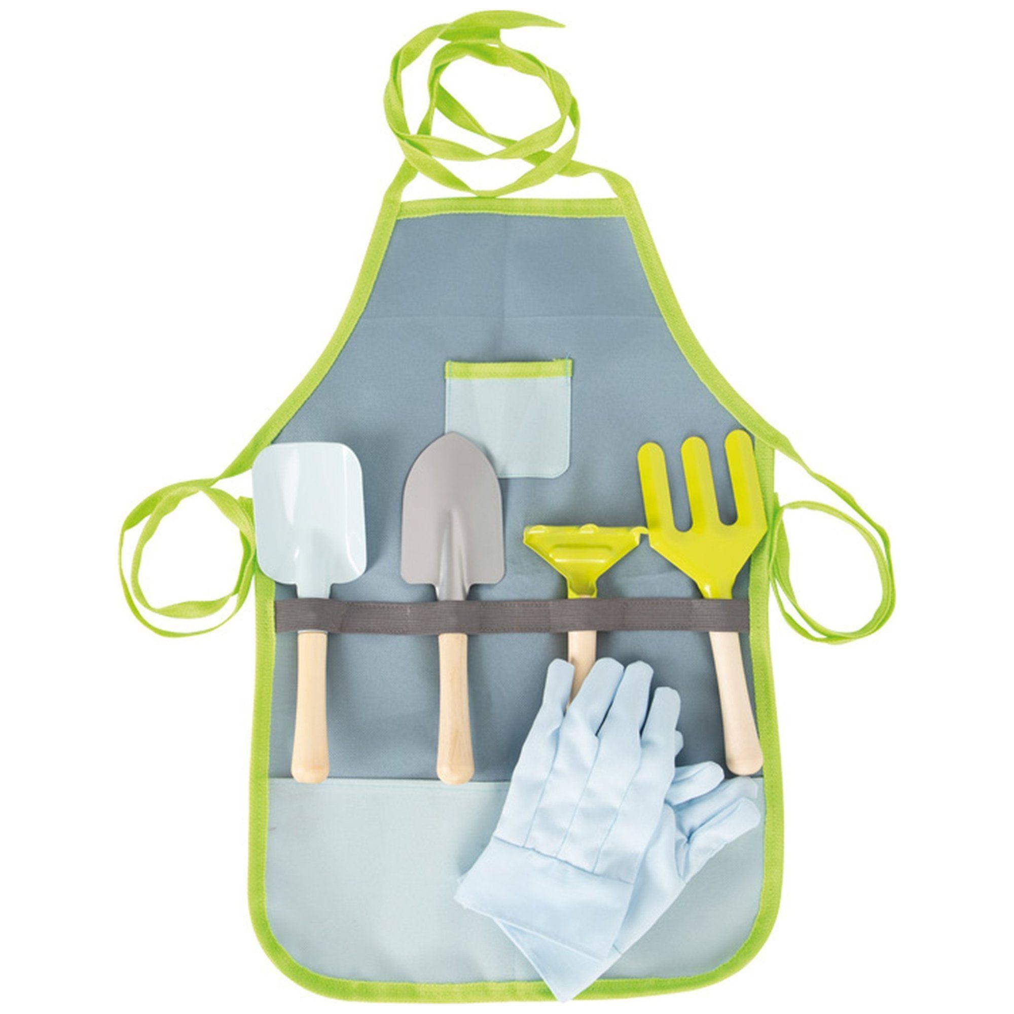 Small Foot Spielzeug-Gartenset small foot Gartenschürze mit Gartenwerkzeug, (6-tlg., Robuste Gartengeräte aus Metall mit Holzgriffen), Schürze und Handschuhe schützen vor Schmutz und Beschädigungen