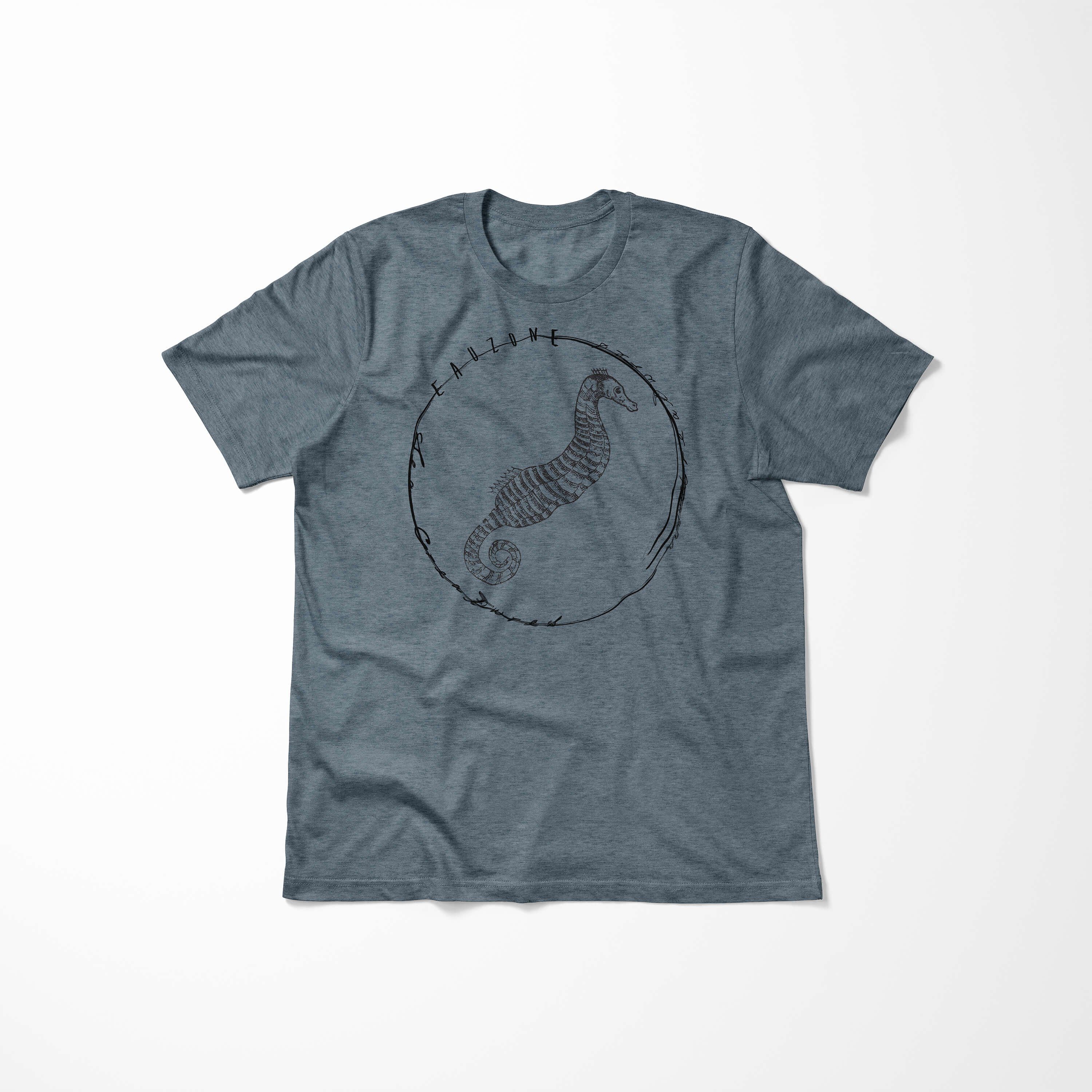 Sinus Art T-Shirt T-Shirt Tiefsee / - Creatures, Sea Indigo Sea 045 Schnitt feine sportlicher Fische und Serie: Struktur