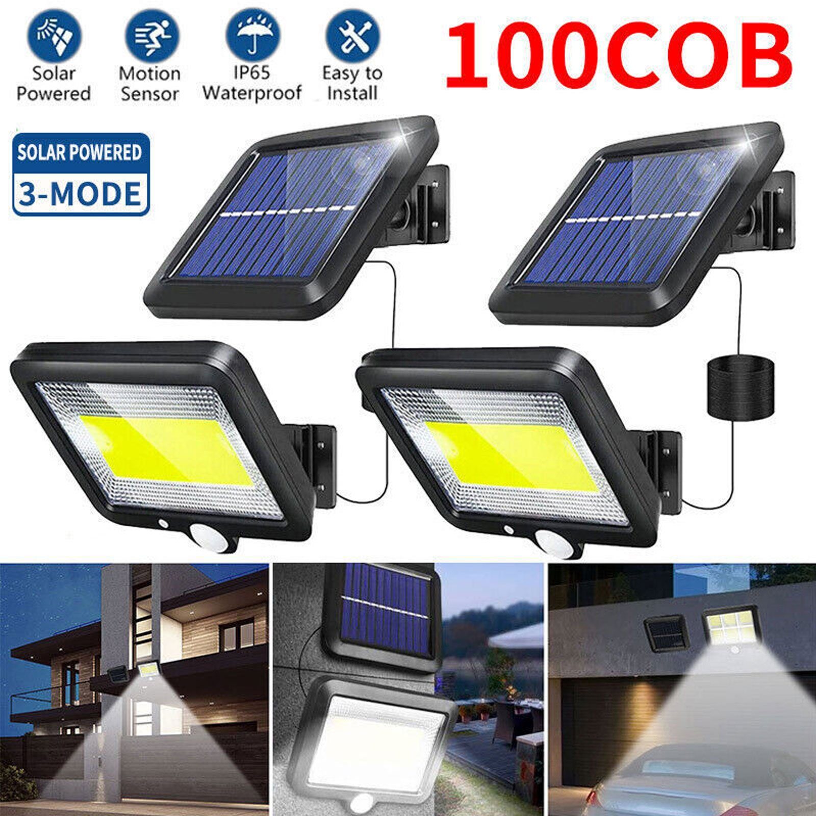 meeteu LED Solarleuchte 2Stück Solarleuchte Solarlampe, LED fest integriert, Tageslichtweiß, mit Bewegungsmelder 100 LED Außen Fluter Strahler