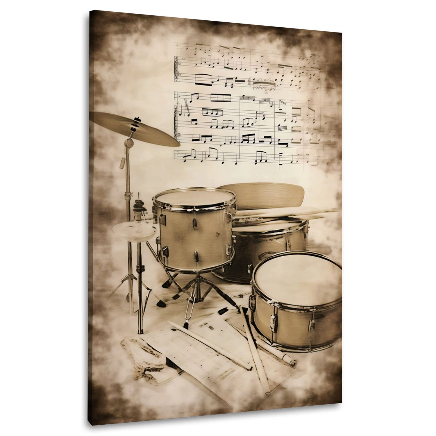Artedinoi Leinwandbild Schlagzeug Instrument Notenblätter Wandbild Leinwandbild Kunstdruck XL, Schlagzeug mit Notenblättern