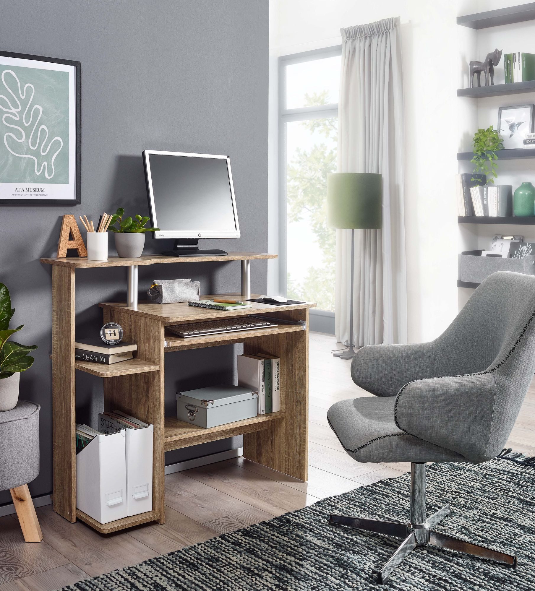Wohnling Schreibtisch WL1.171 Computertisch WL1.171 94x90,5x48,5 cm Sonoma Modern (Sonoma 94x90,5x48,5 cm mit Tastaturauszug Modern), Bürotisch Home Office, PC-Tisch mit Stauraum