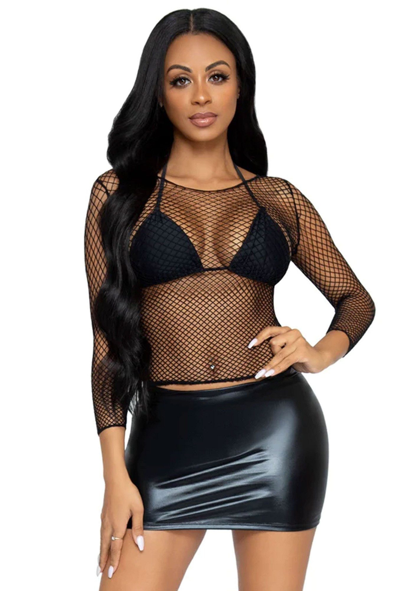 Leg Avenue Netzshirt Langärmeliges Netz-Top - schwarz (1-tlg) transparent