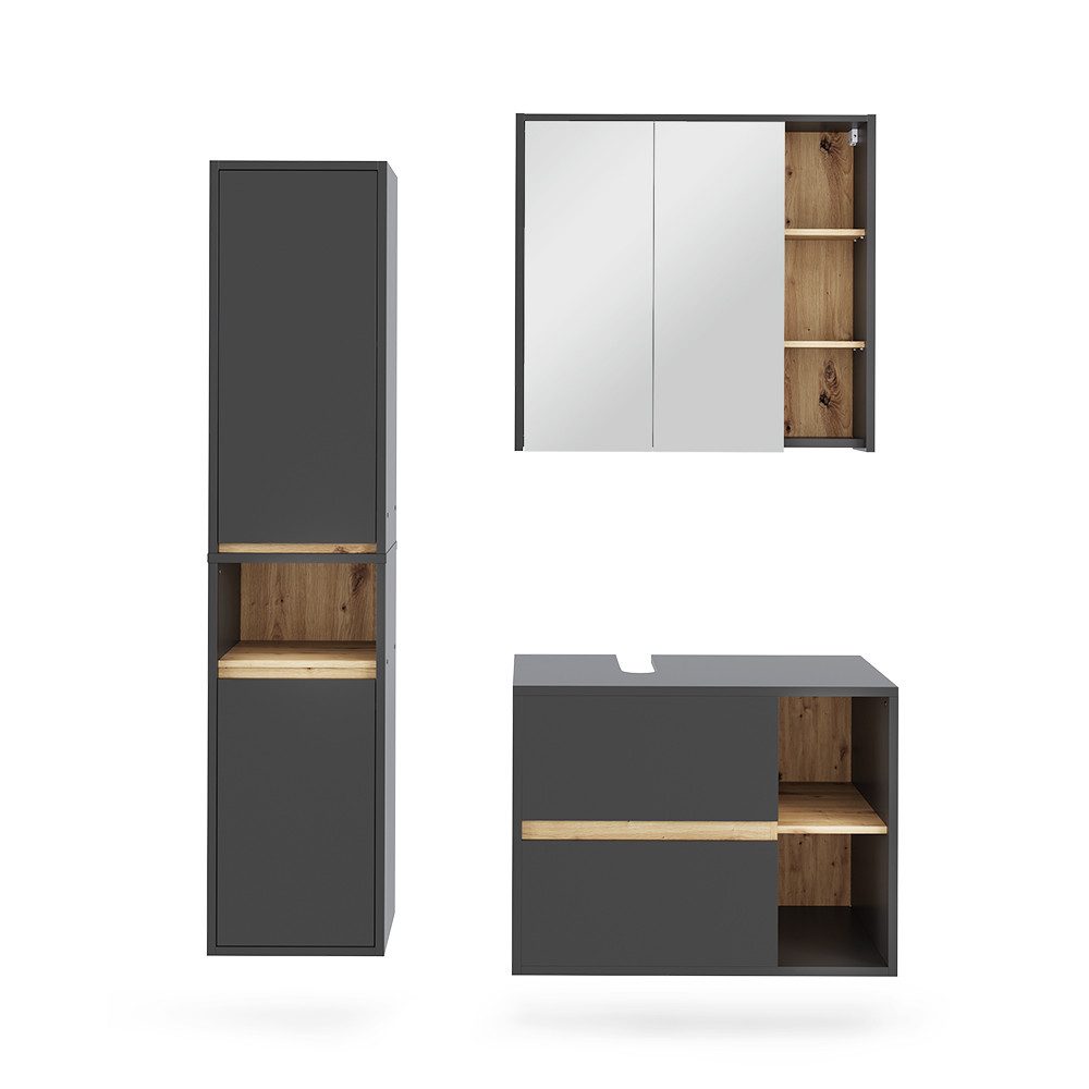 Vicco Badmöbel-Set Viola, Grau/Artisan, 3 Teile, günstig online kaufen