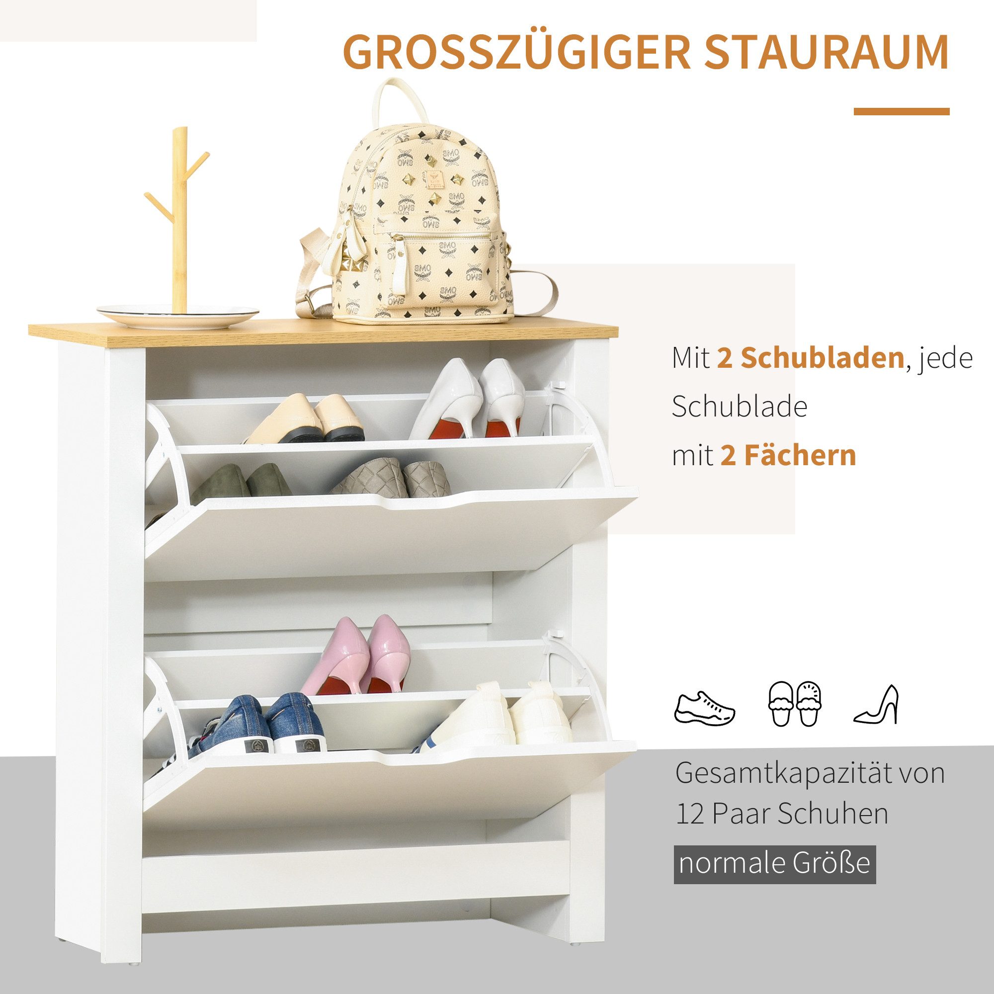 HOMCOM Schuhkipper Schuhschrank mit 2 Klappen, Schuhregal, schmal, für 12 Paar Schuhe (Schuhständer, 1 St., Schuhkipper), für Flur, Eingangsbereich Weiß+Natur 7 – Bild 4 von 5