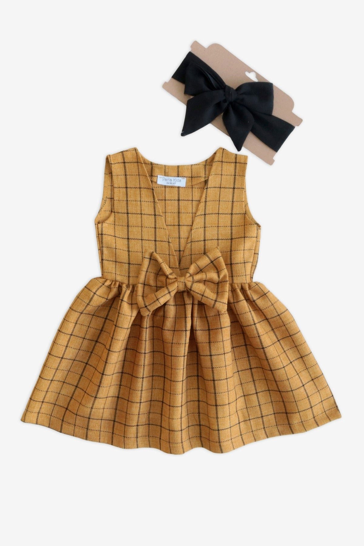 Parla Kids Kleid & Haarband Senfgelbes Kleid im Karomuster und Schleife mit passendem Haarband