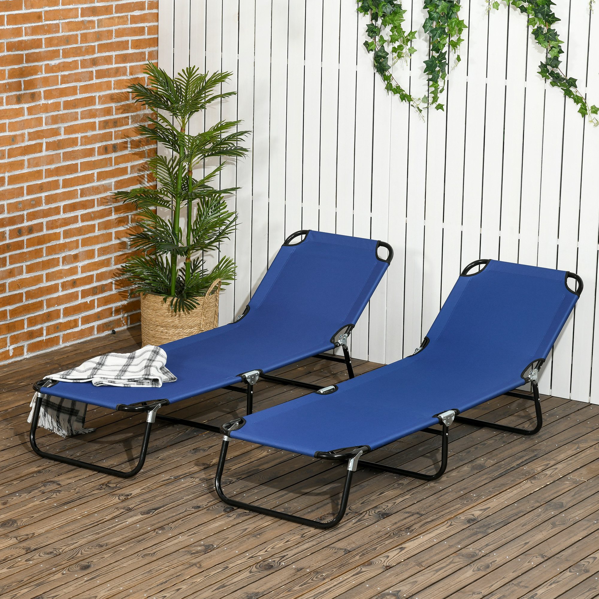 Outsunny Gartenliege klappbar Strandliege Set mit 5-Fach höhenverstellbarer Rückenlehne, Outdoor Liegestuhl, 2 St., Sonnenliege, bis 120kg belastbar, für Pool, Strand Blau