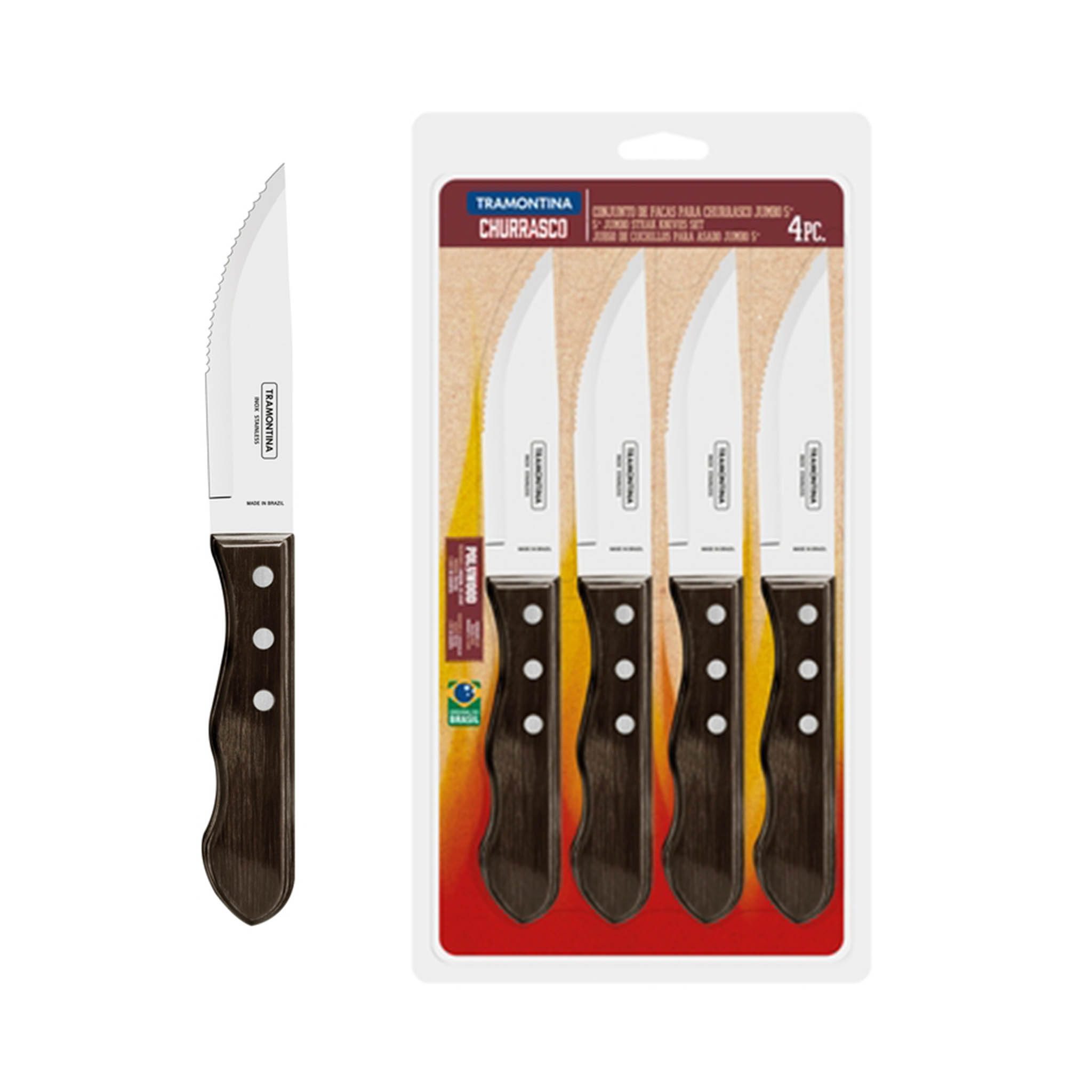Tramontina Steakmesser JUMBO - 6 teiliges Set mit FSC Holzgriff (6 Stück), Echtholzgriff, rostfreier Edelstahl, spülmaschinenfest
