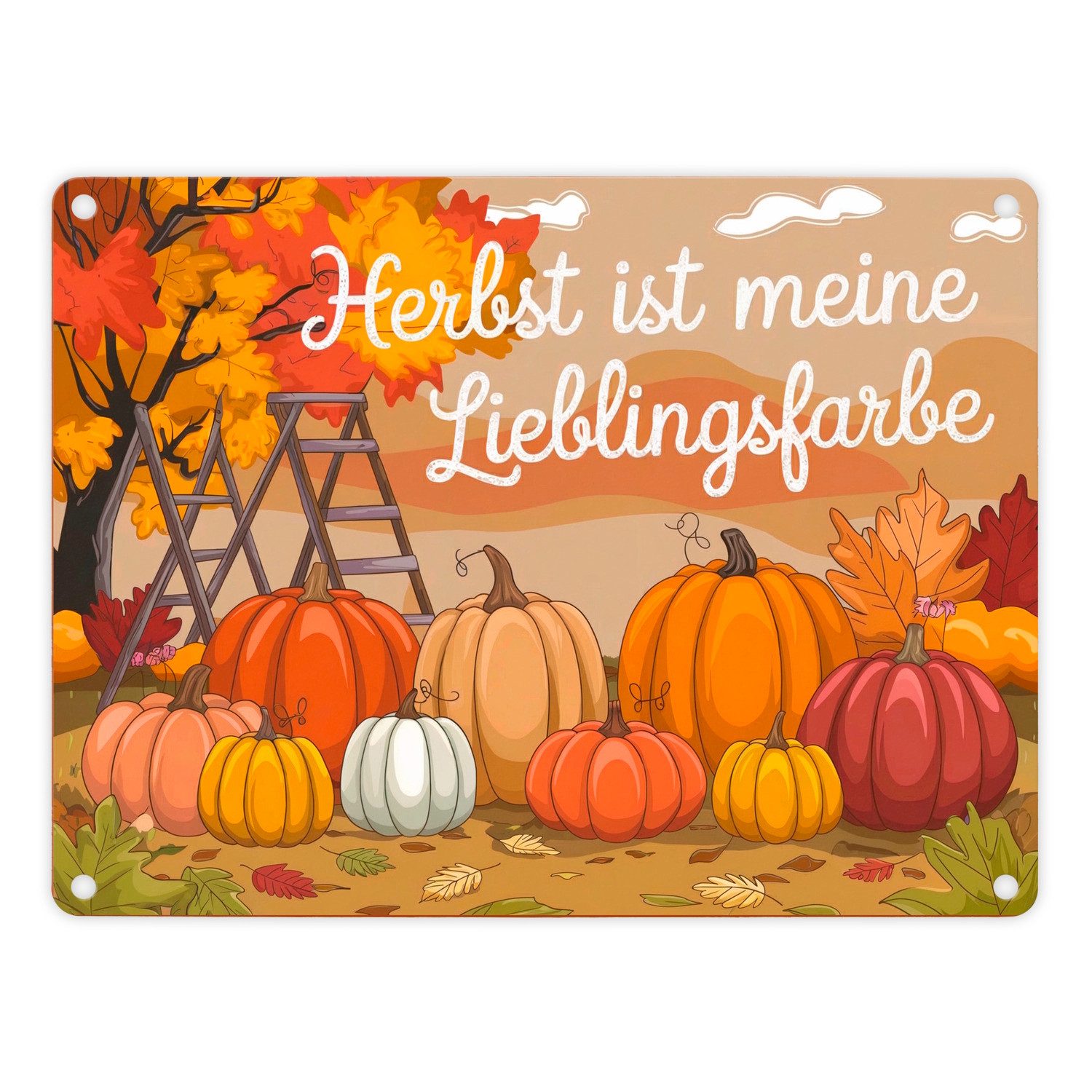 speecheese Metallschild Herbstliche Landschaft mit Kürbissen Metallschild in 15x20 cm Herbst