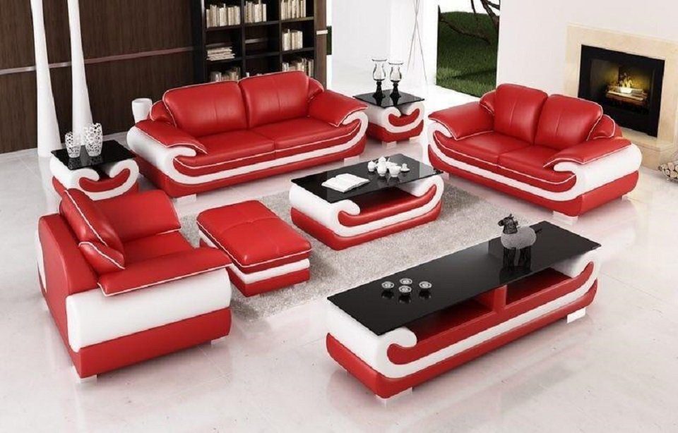 JVmoebel Wohnzimmer-Set Sofagarnitur Rot/Weiß 2x 7tlg.Set 3+2+1 Sideboard Beistelltisch Hocker Sitzer
