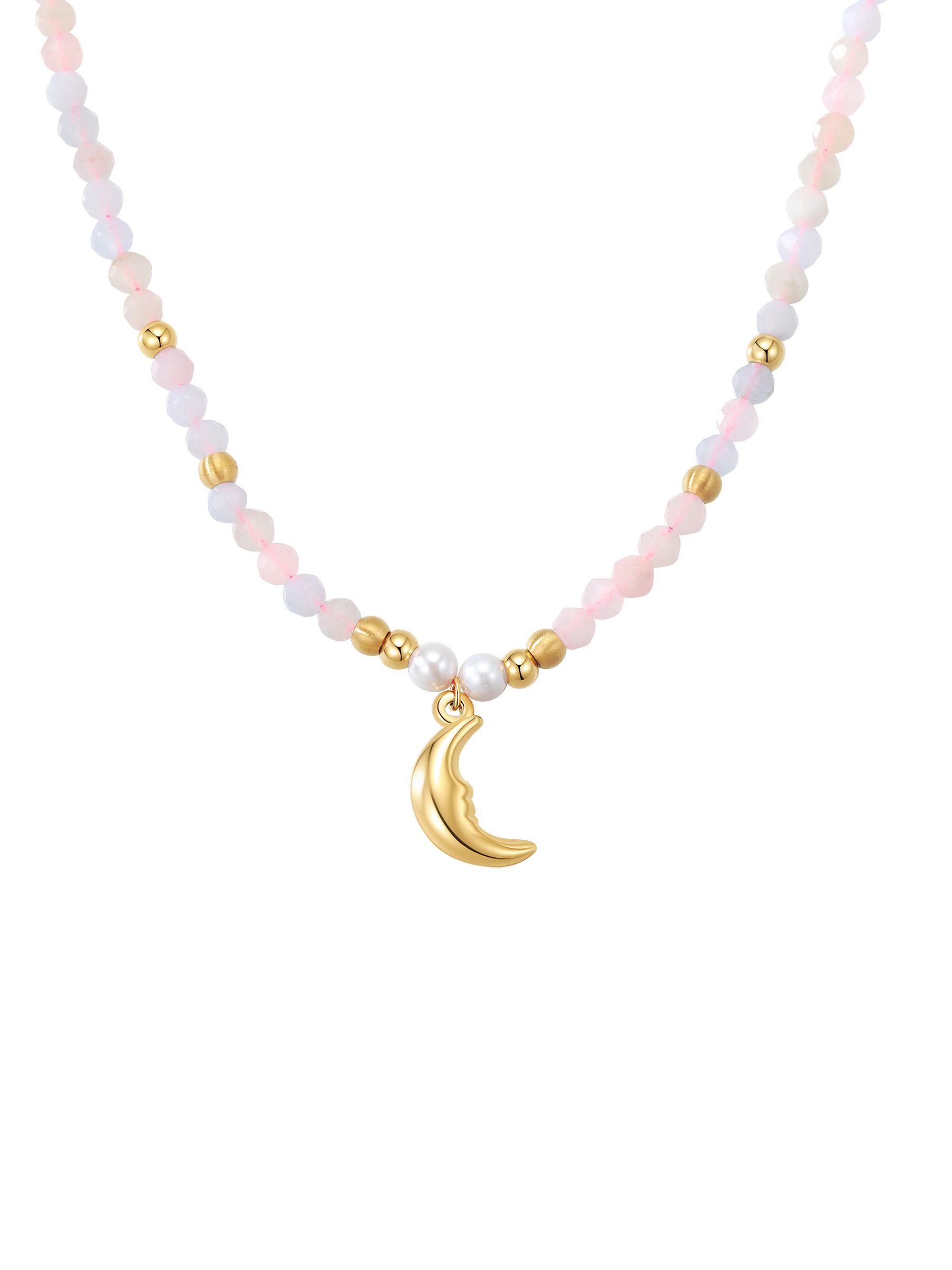 Hey Happiness Perlenkette mit Mondanhänger – Edelstahl Damen Halskette vergoldet, verstellbarer Boho-Schmuck für Alltag & Sommer