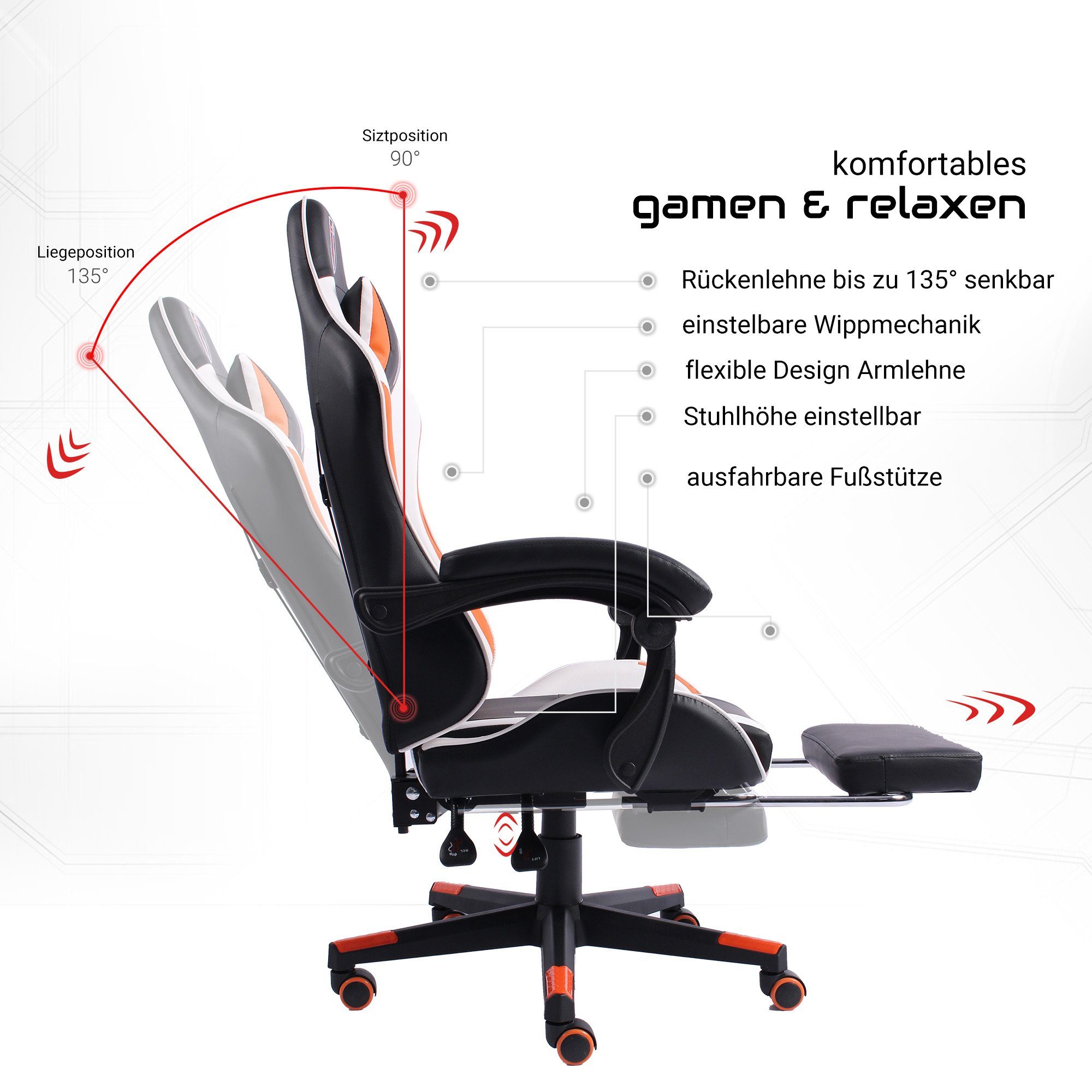 Gaming (1 TRISENS Arijus Drehstuhl Chefsessel Bürostuhl Racing-Design Fußstütze Stück), im Schwarz/Weiß-Orange mit Stuhl