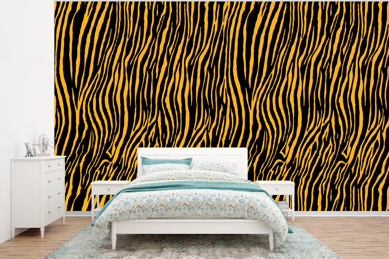 MuchoWow Fototapete Muster - Tigerdruck - Orange, Matt, bedruckt, (6 St), Wallpaper für Wohnzimmer, Schlafzimmer, Kinderzimmer, Vinyl Tapete