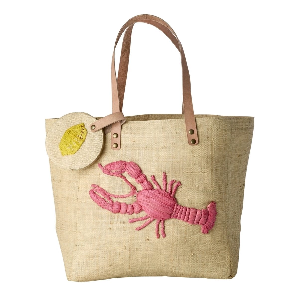 rice Shopper Handgefertigte Raffia Tasche mit Hummer-Motiv & Zitronen-Täschchen