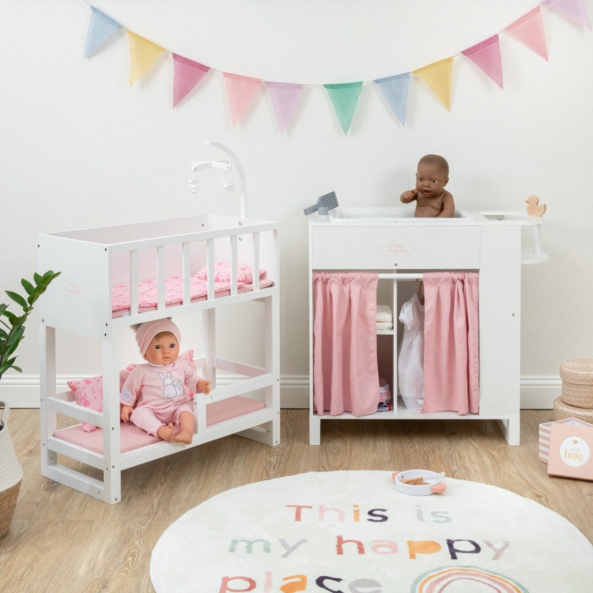 ELLA & PIET® Puppen Pflegecenter Großes Puppenpflegecenter NURSERY 6in1 aus Holz (Weiß-Rosa), Puppencenter
