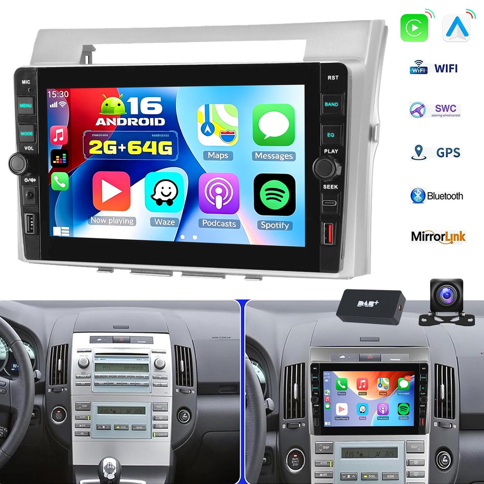 ESSGOO DAB+ Android16 Autoradio Für Toyota Corolla Verso 03-09 Carplay GPS BT Autoradio (RDS, 4+64GB(optional), Digitalradio (DAB), FM, GPS, WIFI, SWC, Apple Carplay Android Auto GPS Navi WIFI BT EQ Mit USB- und Type-C)
