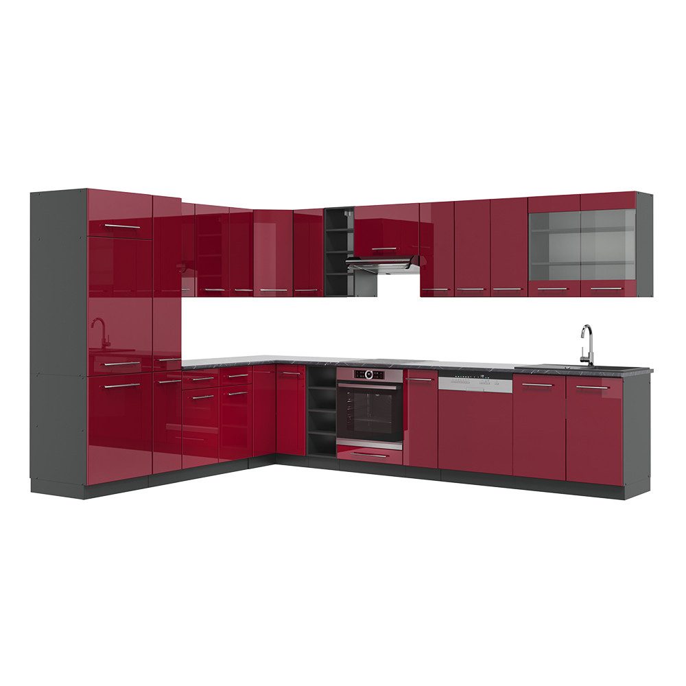 Vicco Winkelküche Fame-Line, Bordeaux Hochglanz/Anthrazit/Anthrazit, 257 x 347 cm ohn...