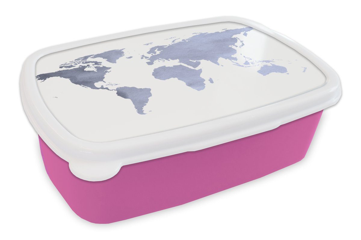 MuchoWow Lunchbox Weltkarte - Blau - Grau, Kunststoff, (2-tlg), Brotbox für Erwachsene, Brotdose Kinder, Snackbox, Mädchen, Kunststoff rosa