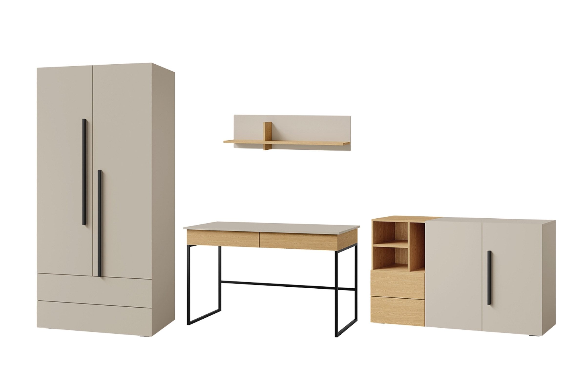 Deine Möbel 24 Jugendzimmer-Set LIMA B mit Kleiderschrank, Schreibtisch, Kommode und Wandregal, (LIMA - Kollektion, 4-tlg., Kinderzimmer - Set, ideal für Kinder & Jugenliche), in Kaschmir/Alpaca, Kaschmir/Eiche oder Kaschmir/Meeresblau