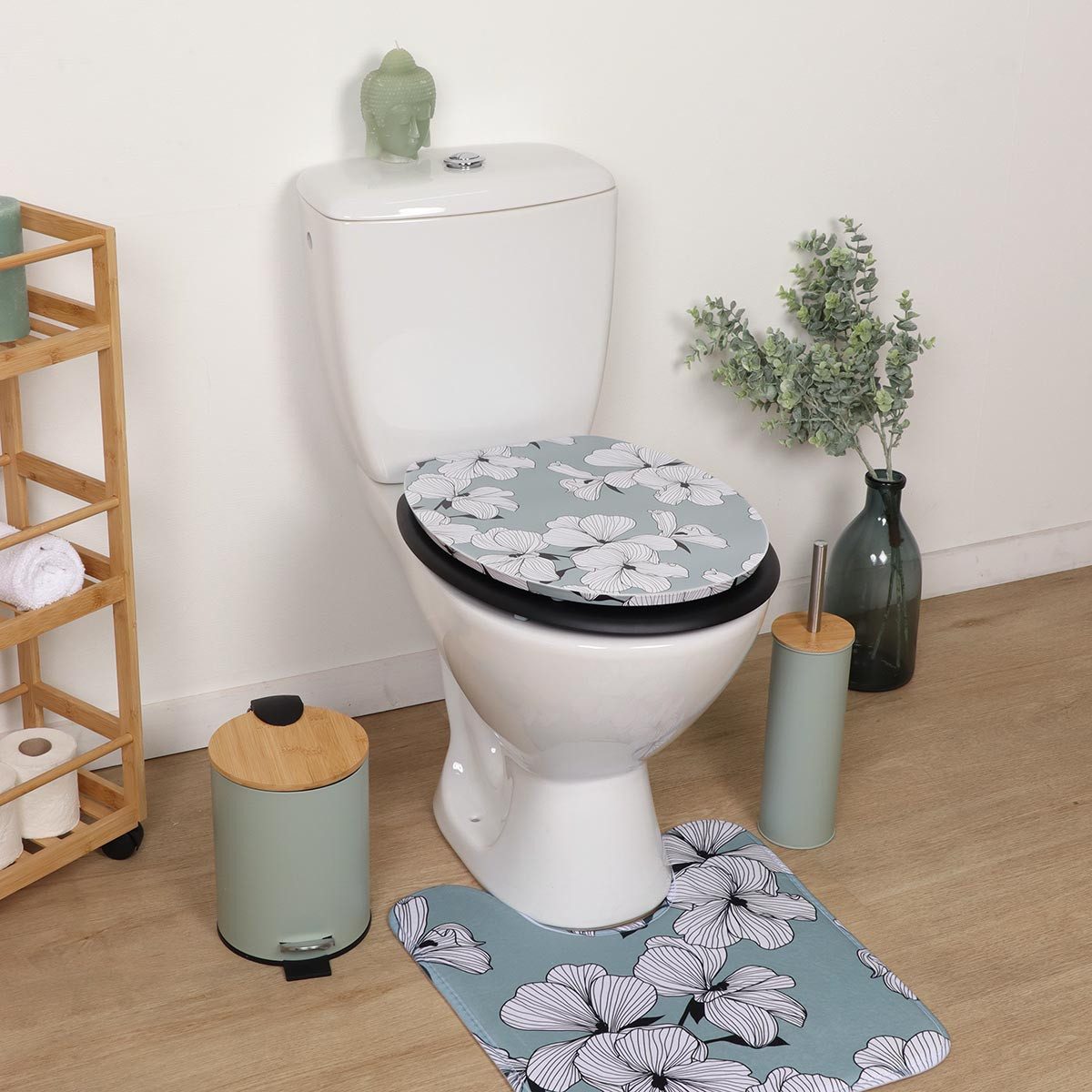 TENDANCE Badaccessoire-Set 2-teilig WC Sitz Holzkern mut Edelstahlscharniere und WC Vorleger