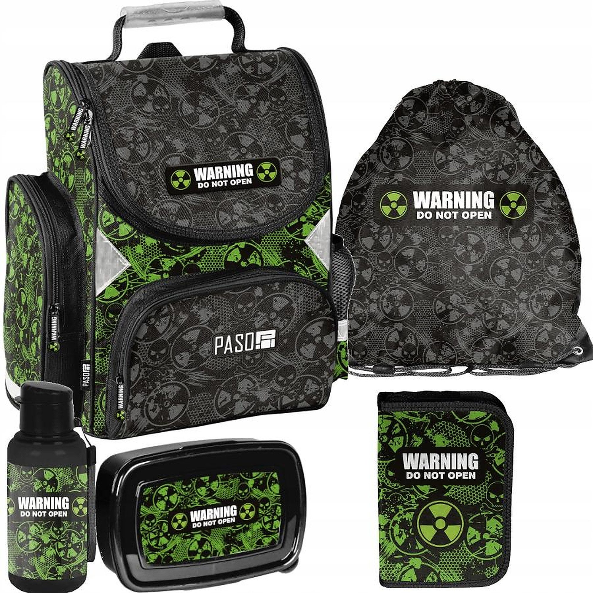 PASO Schulrucksack (Schulset, 5-tlg), Warning, 5-tlg. Set, Schwarz