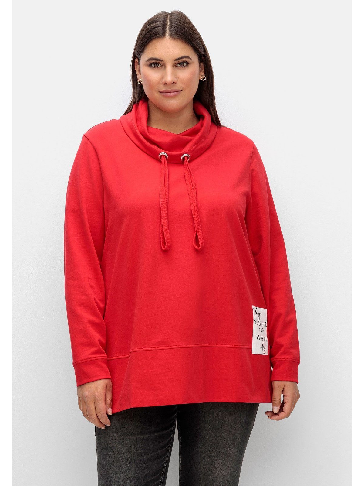 Sheego Sweatshirt seitlich Stehkragen mit und Größen mohnrot Große Applikation