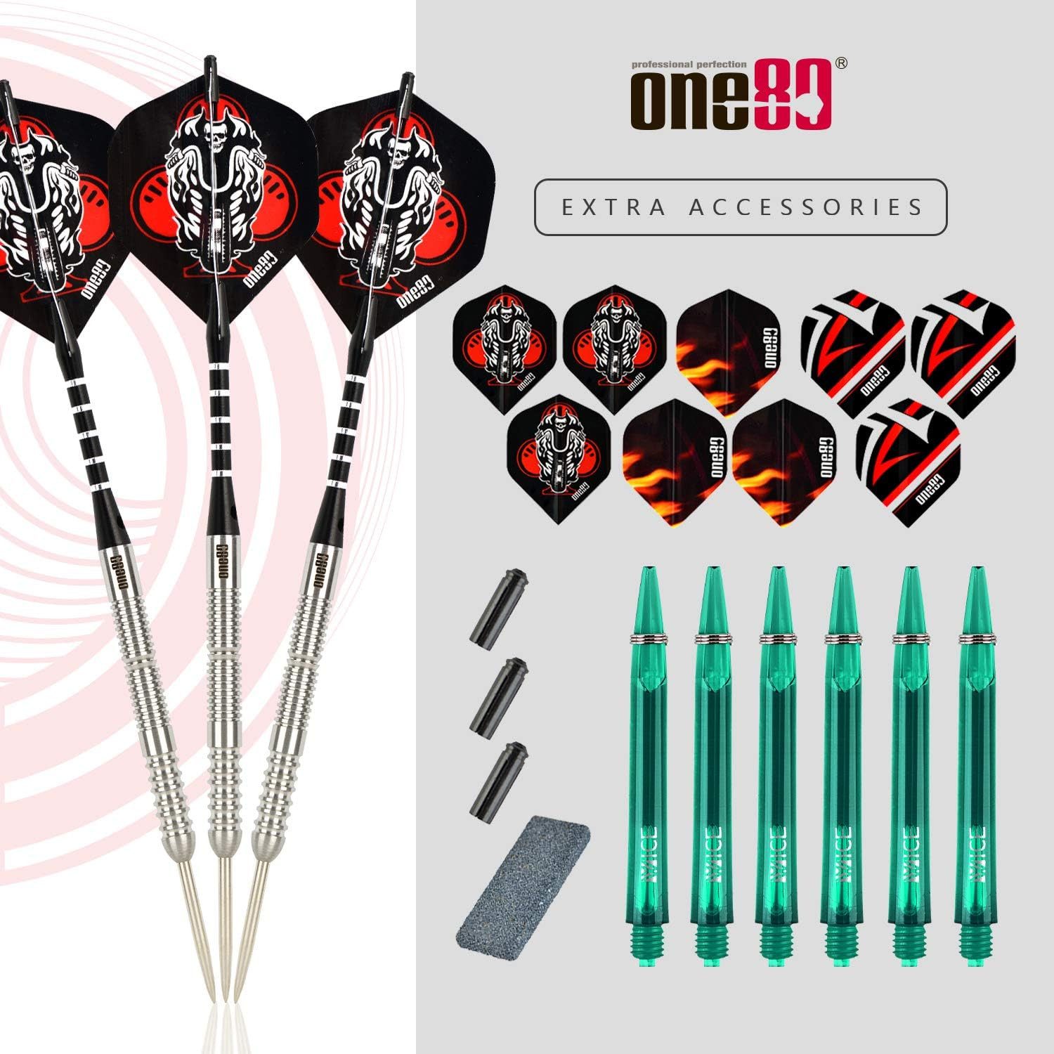 one80 Dartpfeil ne80 Steeldarts Set 23 g – inkl. Flights & Shafts, Robustes Steeldart Set mit 23 g Barrelgewicht