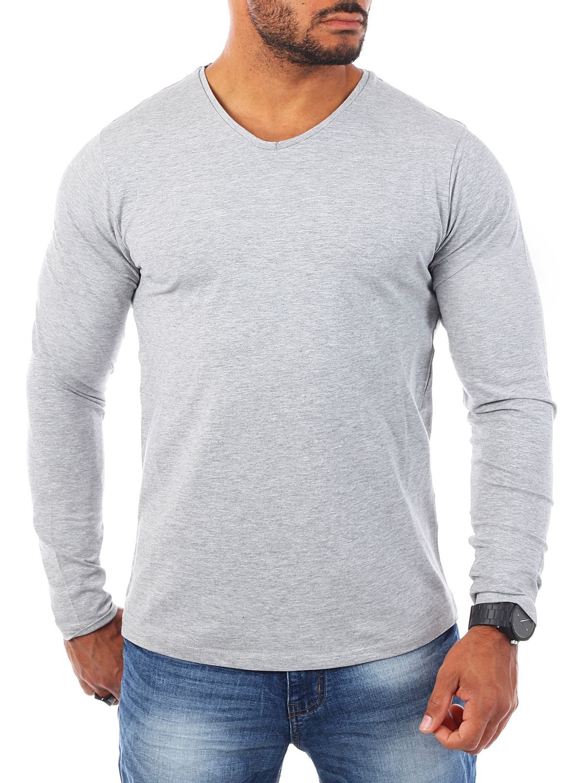 Langarmshirt Herren Uni Basic Longsleeve V-Ausschnitt V-Neck Unterziehshirt 2001