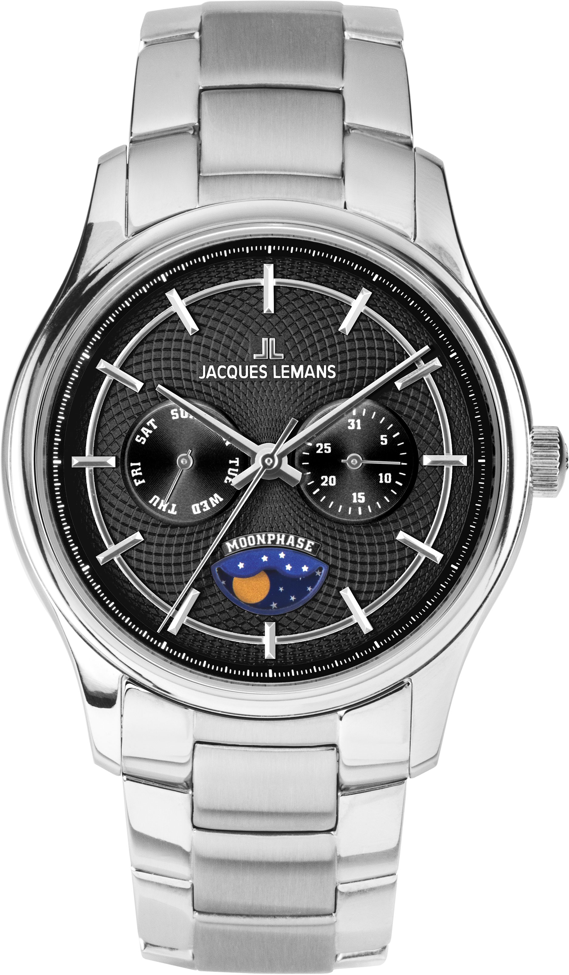 Jacques Lemans Quarzuhr Derby 1-2213I, Armbanduhr, Herrenuhr, Edelstahlarmband, analog, Wochentag, Mondphase