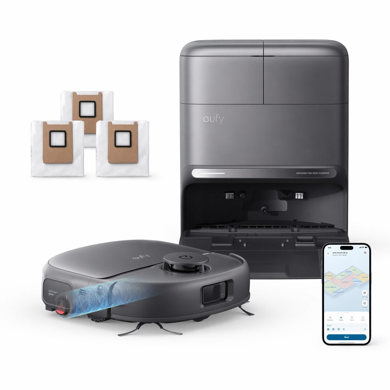 Anker eufy Saugroboter C28 15000 Pa Turbo-Saugkraft,50°C-Heißlufttrocknung, 60 W, mit Beutel, HydroJet delbstreinigende Wischrolle, Omni-Station, Anti-Verwicklung