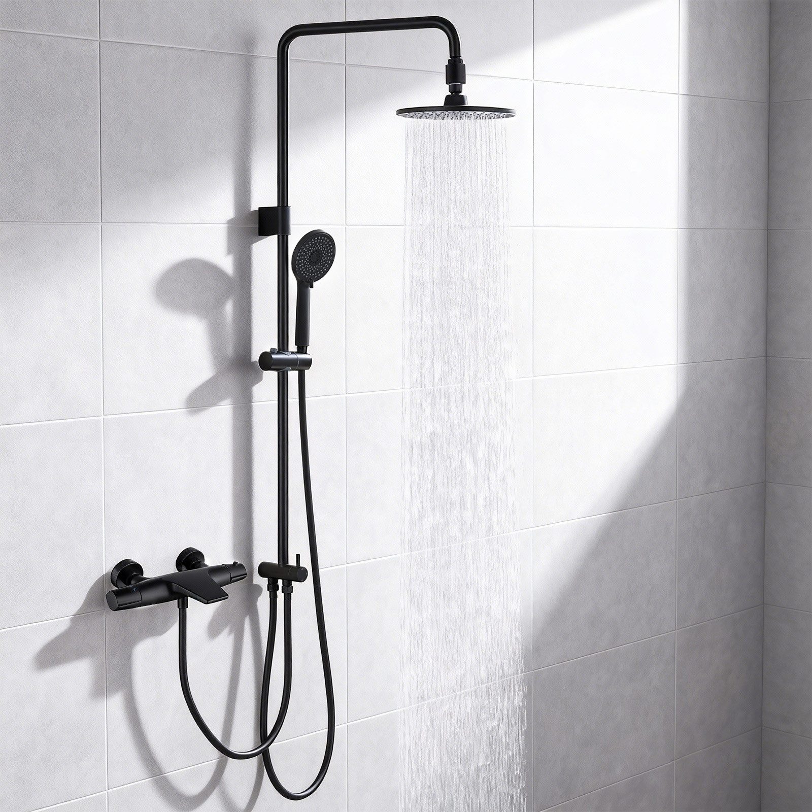 Duschsystem mit Filter flexibel montierbar und 38°C Thermostatarmatur,Schwarz