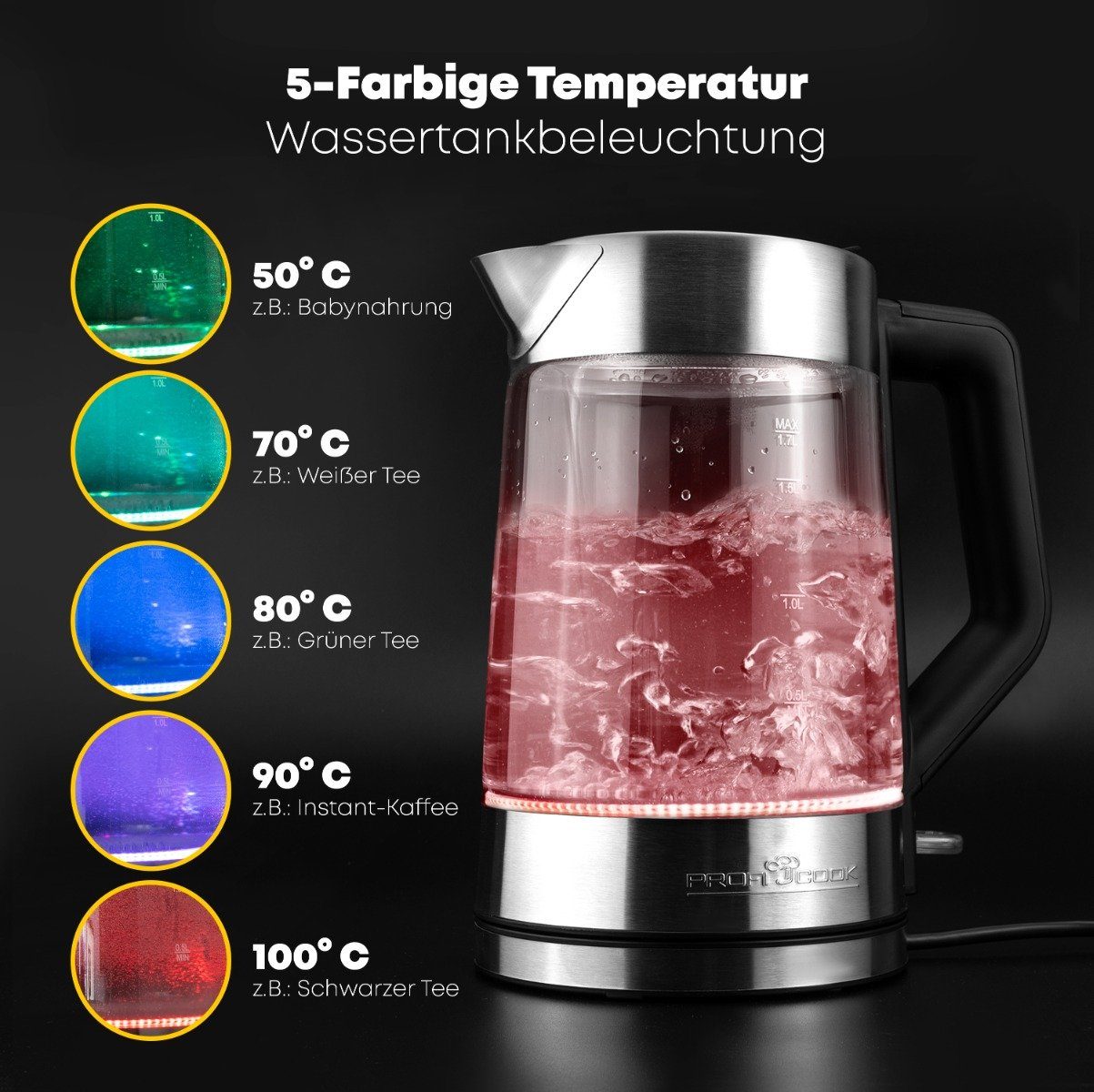 ProfiCook Wasserkocher PC-WKS 1190 G, Wasserkocher mit bunter Beleuchtung 1,7L Füllmenge