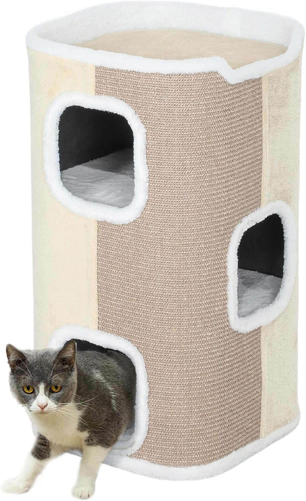 ibettertec Kratzpappe Kratztonne, Katzentonne, Kratzbaum, Katzenhöhle, (Einzelprodukt, 1-tlg., 1 x Katzenkratztonne1 x Aufbauanleitung), Dreistöckige Struktur, zweifarbiges Doppelmaterial