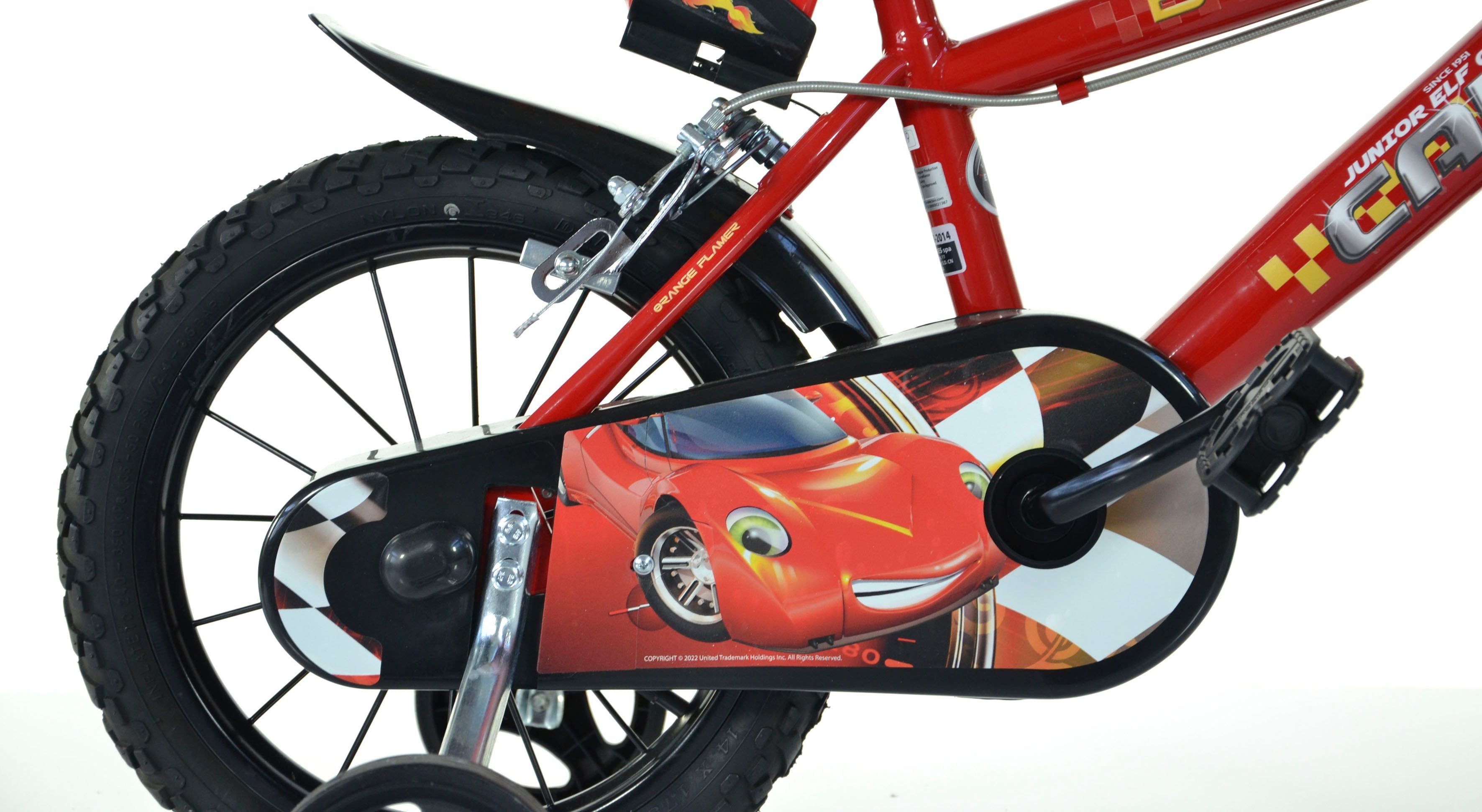 Dino Bikes Kinderfahrrad 14" Cars Kinderfahrrad Jungenfahrrad stabiler Stahl-Rahmen Stützräder, 1 Gang, mit Stützrädern, Trinkflasche und Frontschild