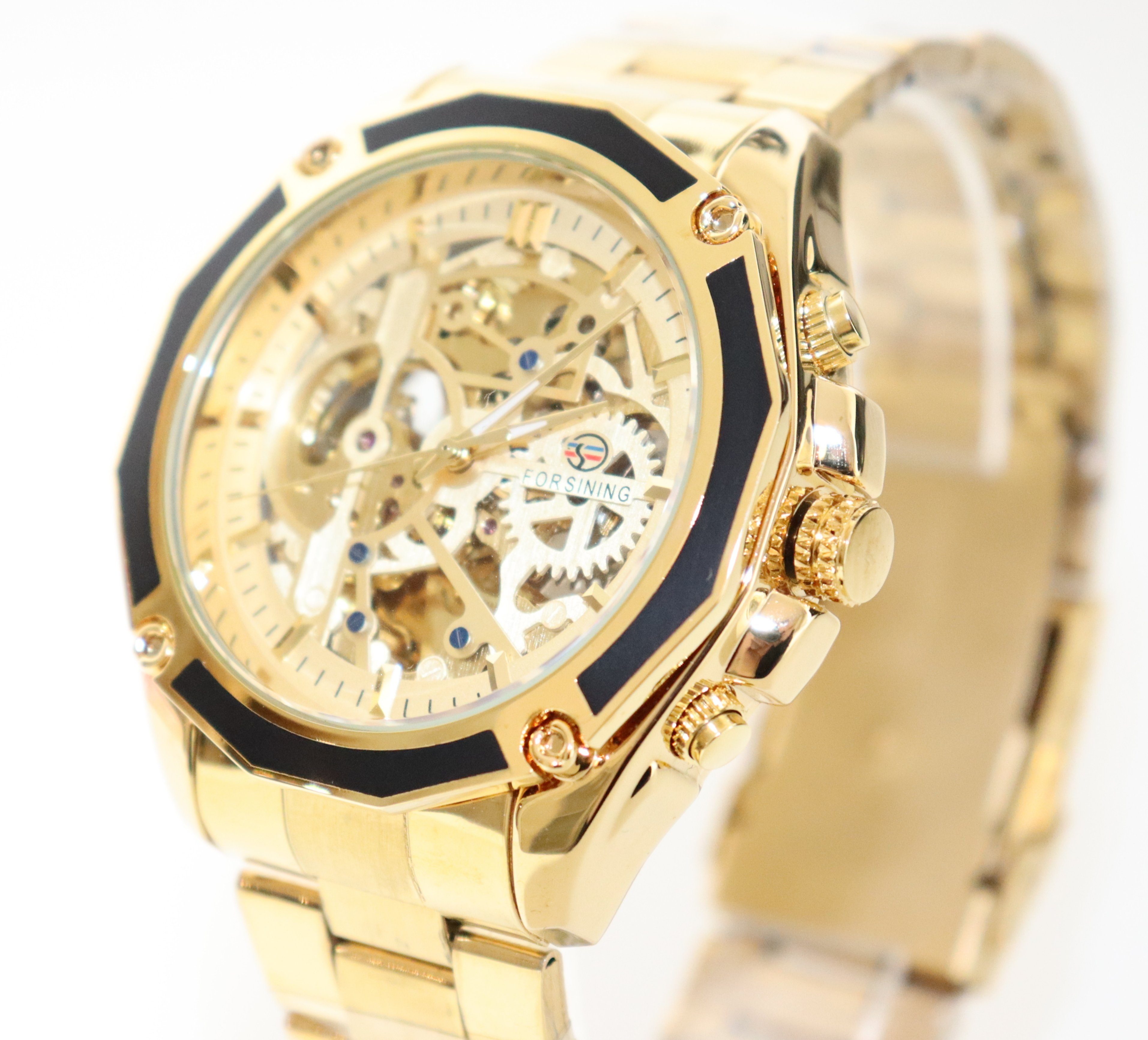 Rötting Design Automatikuhr Herrenuhr Armbanduhr Marke Forsining goldfarbenes Ziffernblatt, (inkl. Uhrenschatulle, auch zum Verschenken geeignet), Edelstahl, Skelett