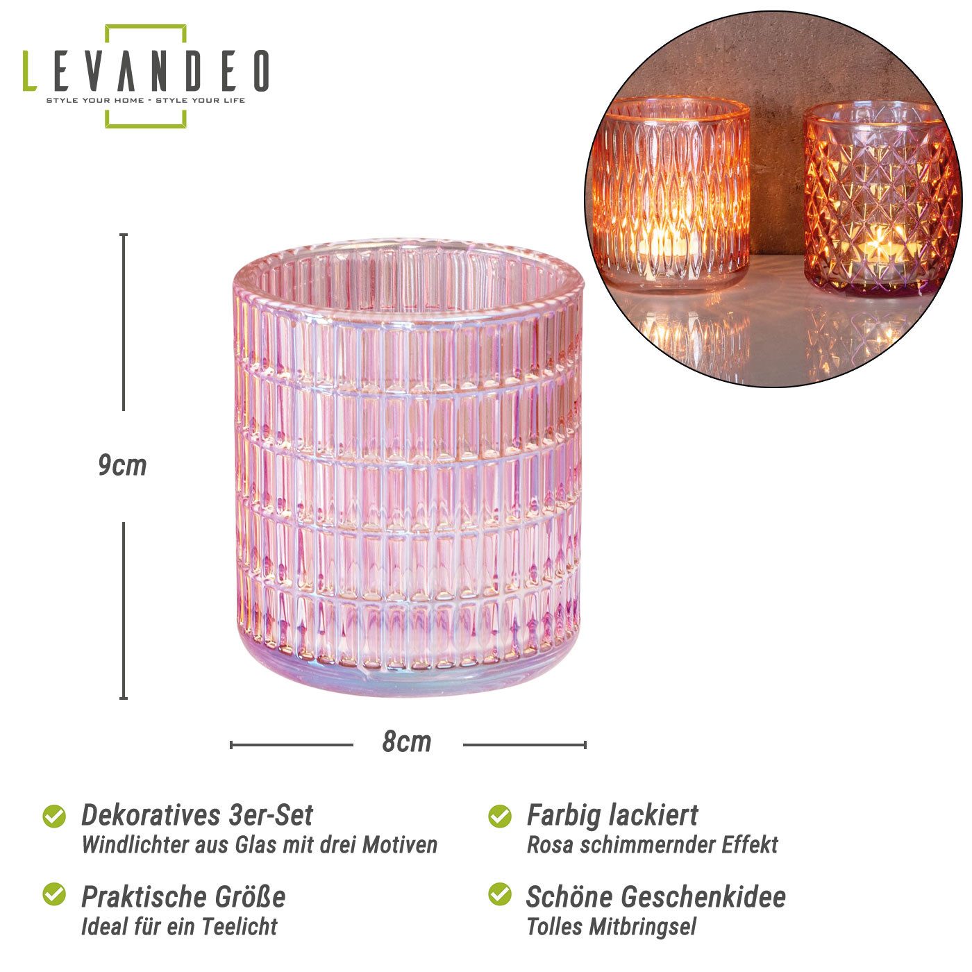 Levandeo® Teelichthalter, 3er Set Teelichthalter Rosa günstig online kaufen