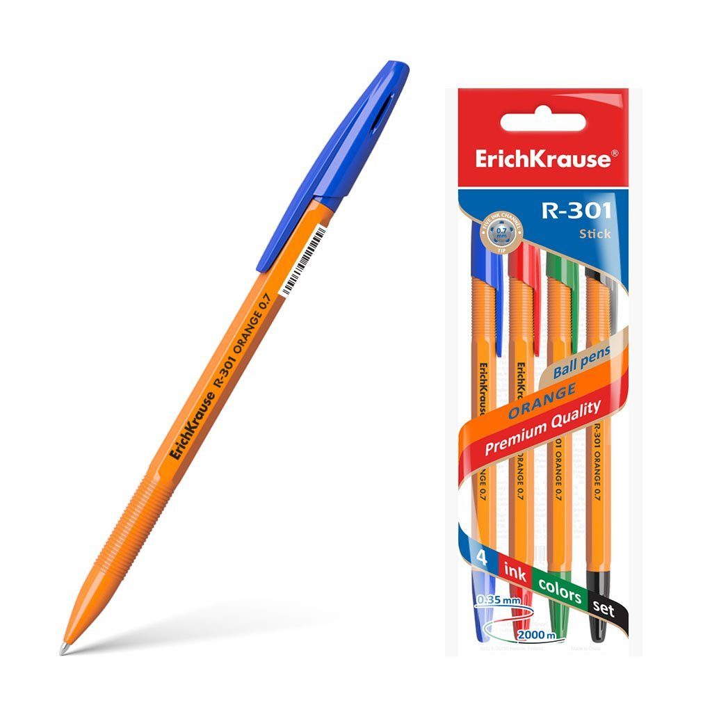 Erich Krause Kugelschreiber, Kugelschreiber R-301 Orange Stick 0.7 Kunststoff 4er Pack Tinte Bunt