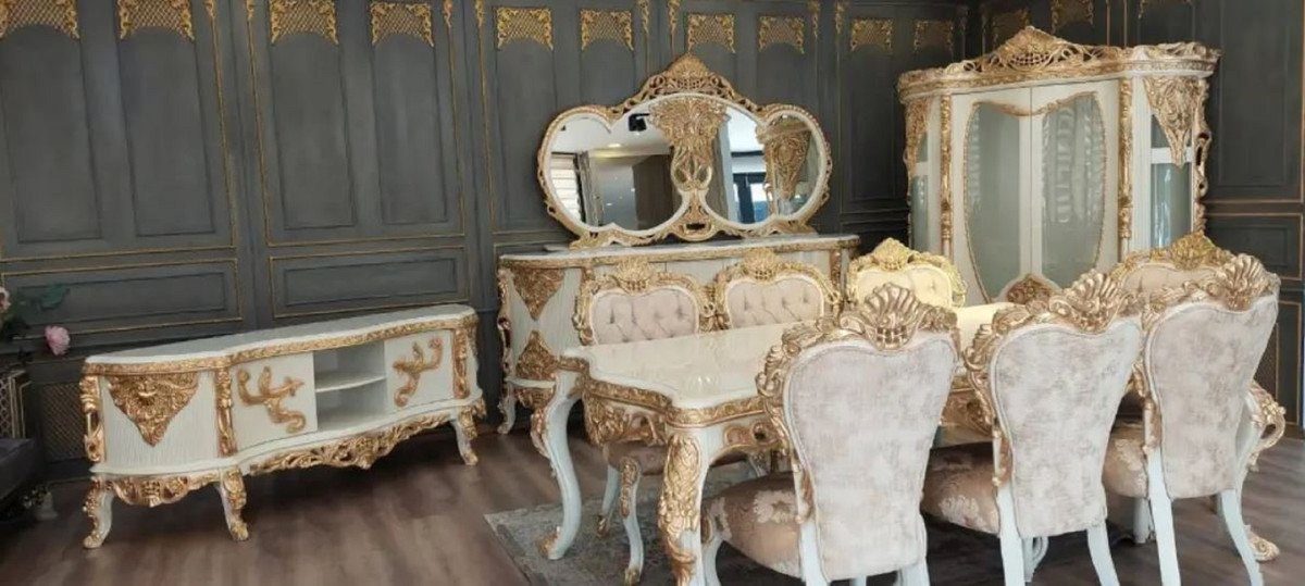 Glastüren - Möbel Gold Massivholz Weiß Vitrinenschrank - 2 Barock Vitrine Luxus mit Vitrine Padrino Casa Handgefertigte Barock / Prunkvoller